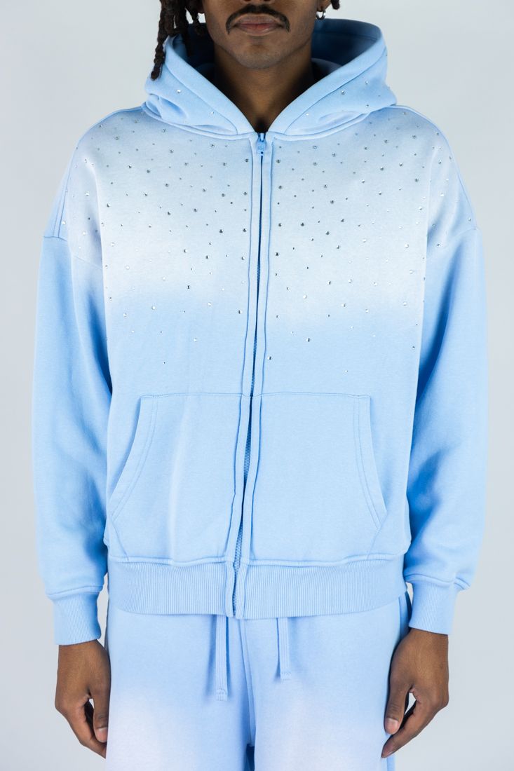 Rebel - Zip Up Faded Hoodie Rhinestone - Lt Blue - 387 486 zi