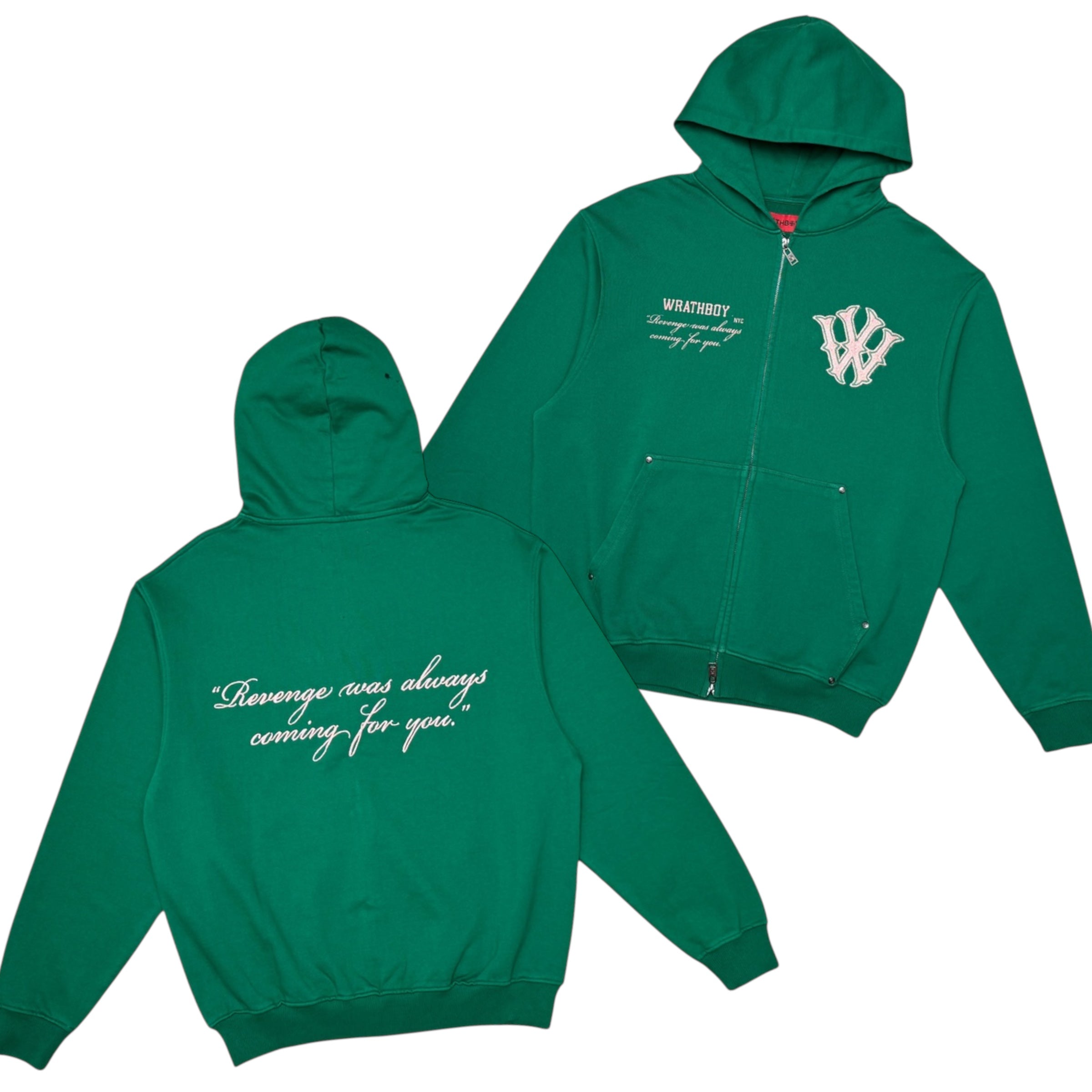 WRATHBOY - Revenge Quote ZIP Hoodie - Green - 079