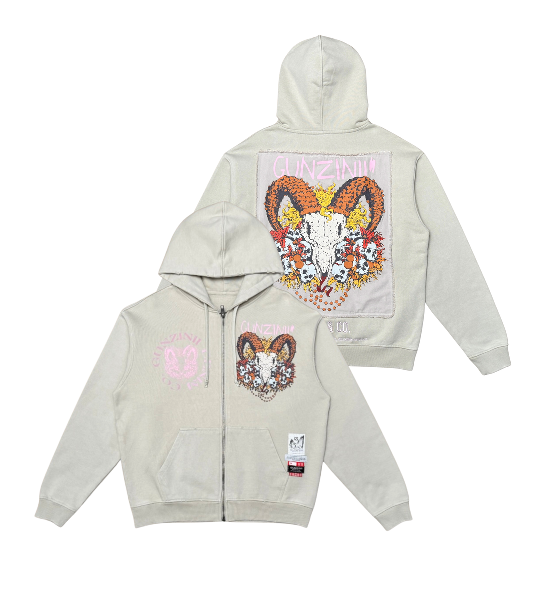 Gunzinii - Zinii Goat Skull Zip Hoodie - Cement - GZ513 Gunzinii - Zinii Goat Skull Zip Hoodie - Cement - GZ513