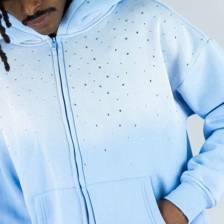 Rebel - Zip Up Faded Hoodie Rhinestone - Lt Blue - 387 486 zi