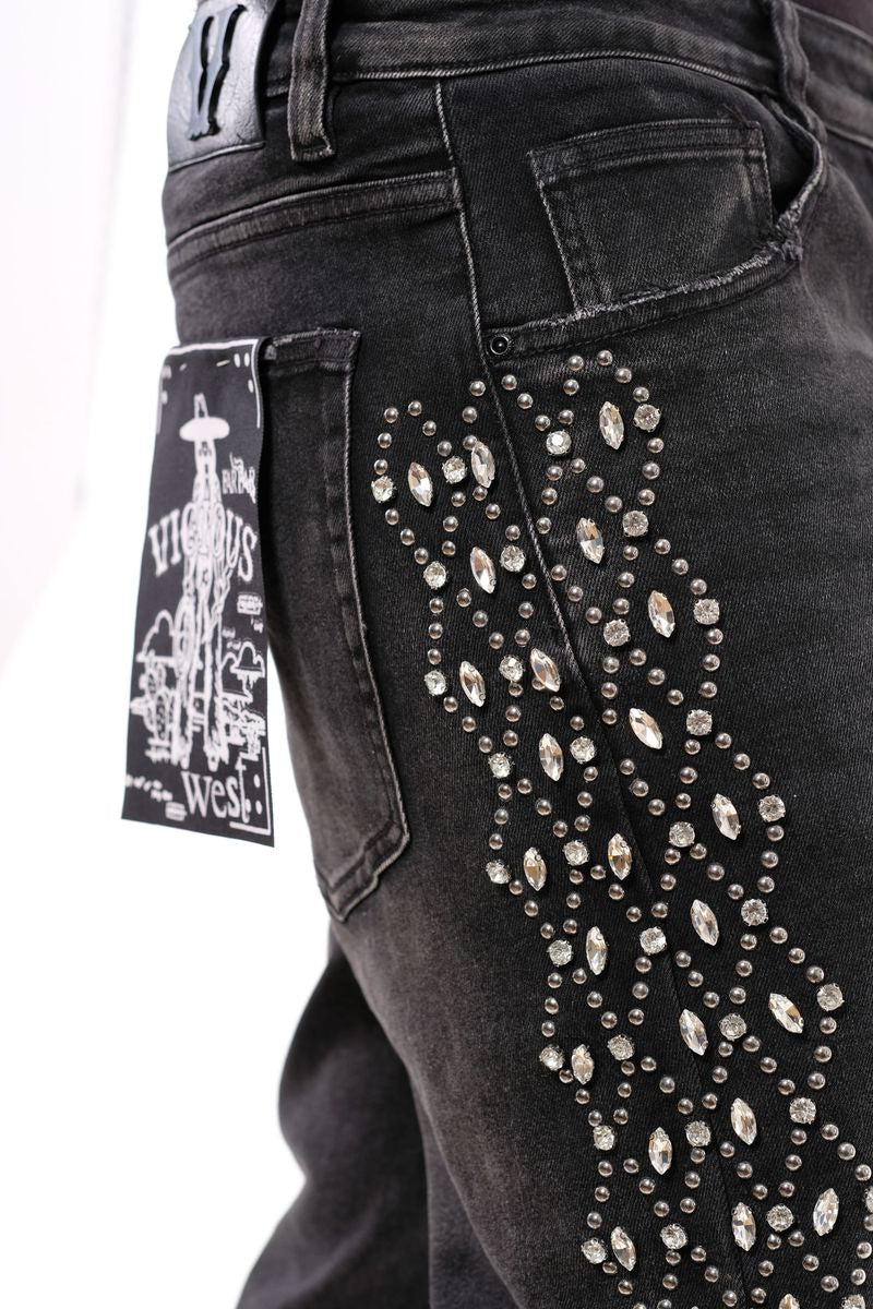Vicious - Flare Side Rhinestone Denim - Black - VC928