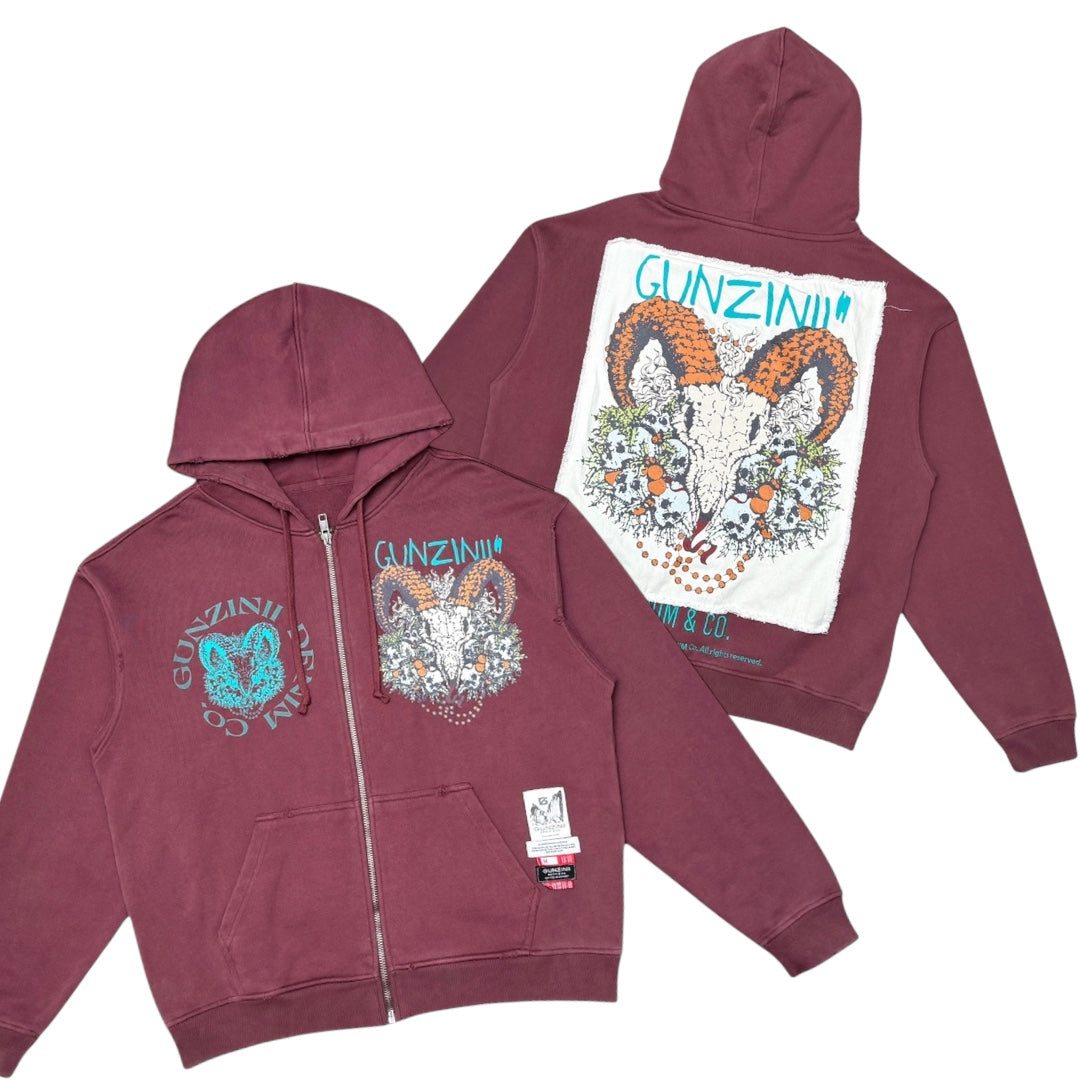 Gunzinii - Zinii Goat Skull Zip Hoodie - Burgundy - GZ513