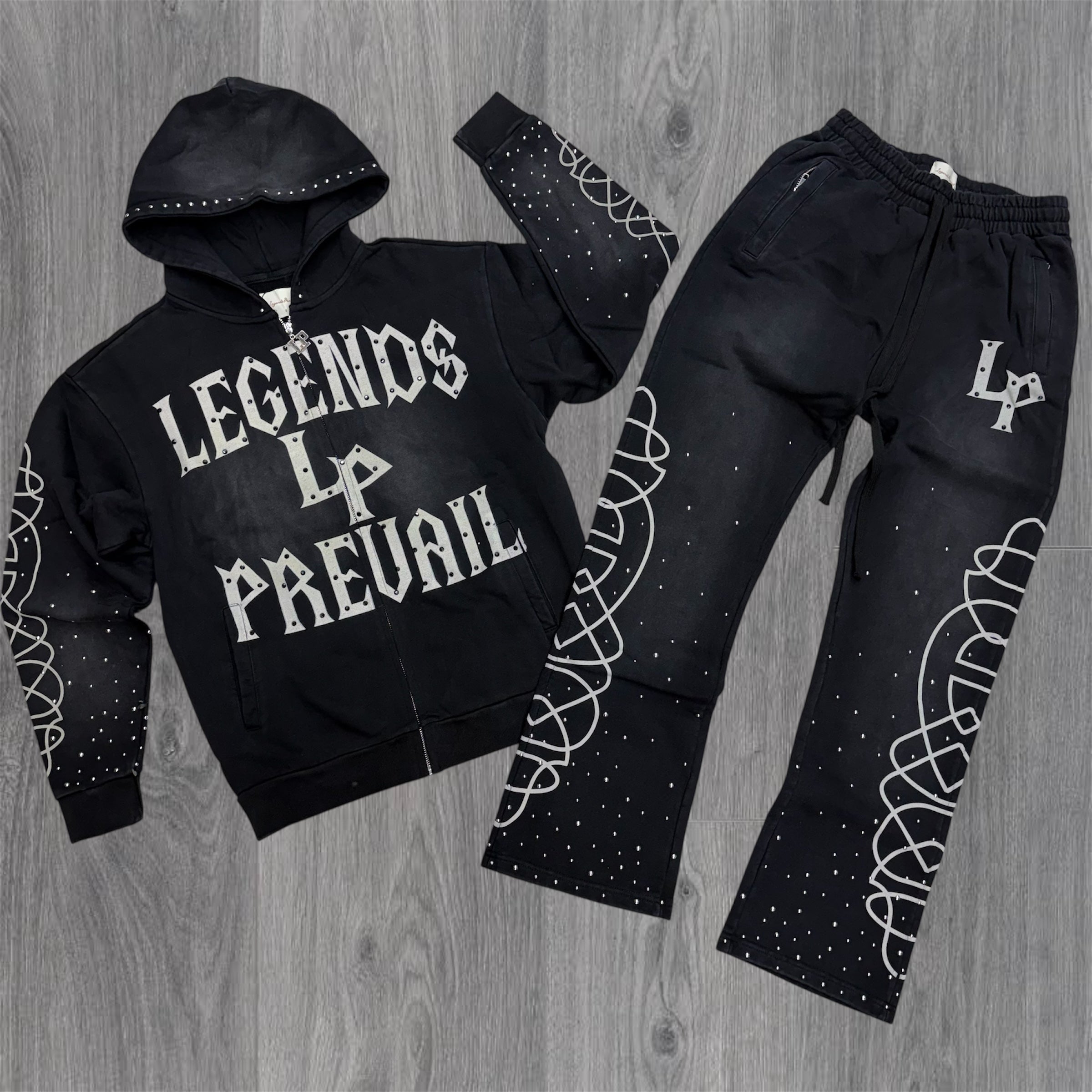 Prevail - Flare Rhinestone Sweat suit - Black / White