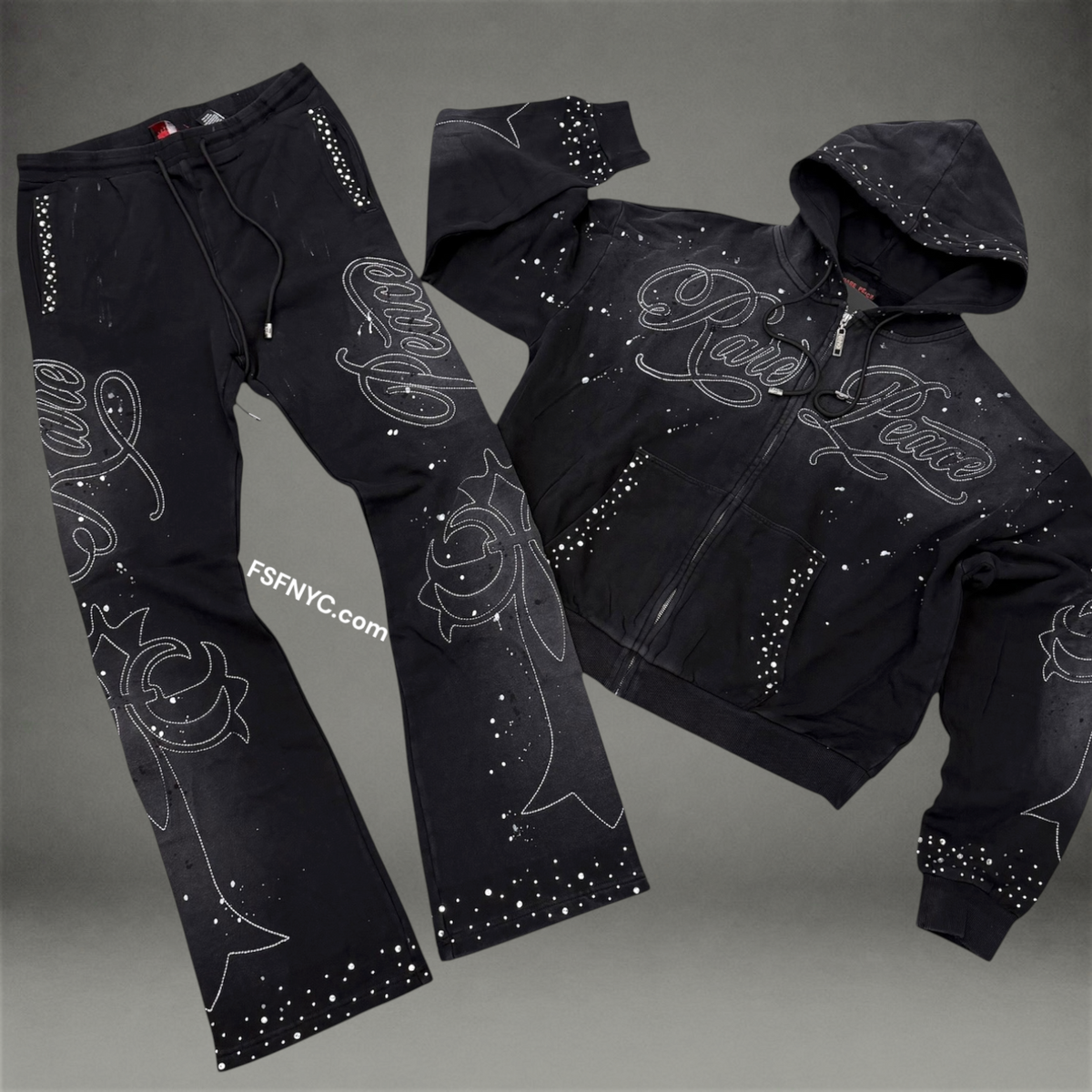 RP -Flare Embossed Rhinestone Sweat Suit - Black 6107