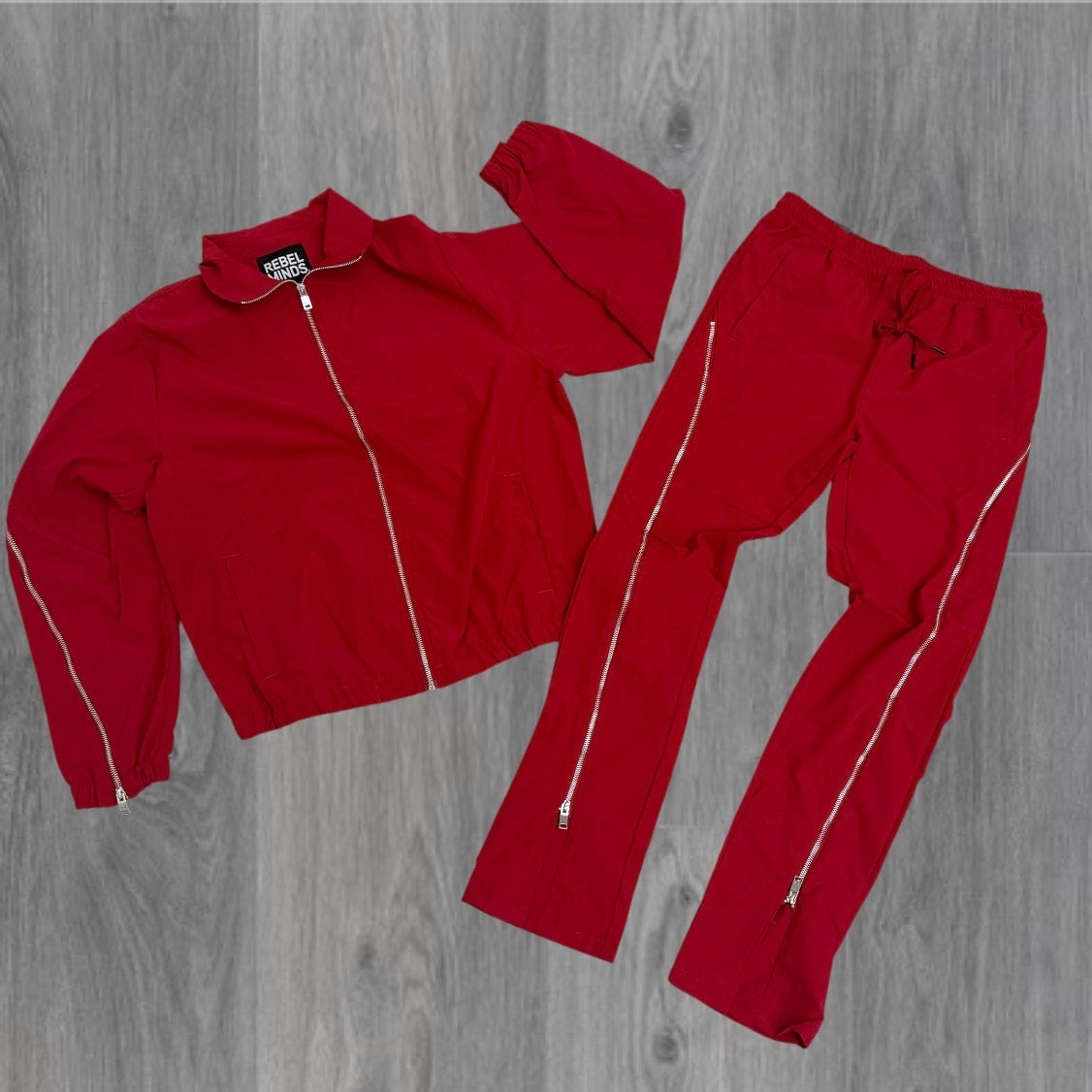Rebel - SET - Flare Zipper Windbreaker Pants & Jackets - Red - 401501