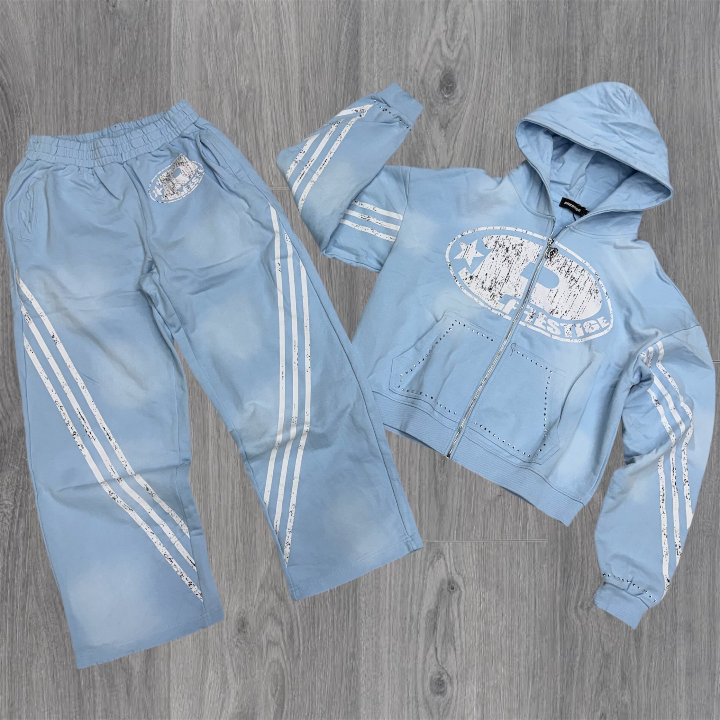 Prestige - Stripe Rhinestone Sweatsuit - Light Blue