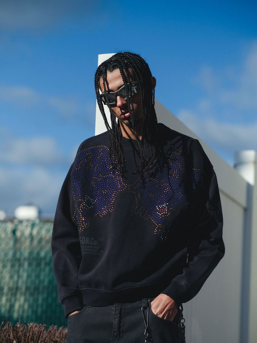Gunzinii - Rhinestone Crew Sweatshirt - Black - GZ523