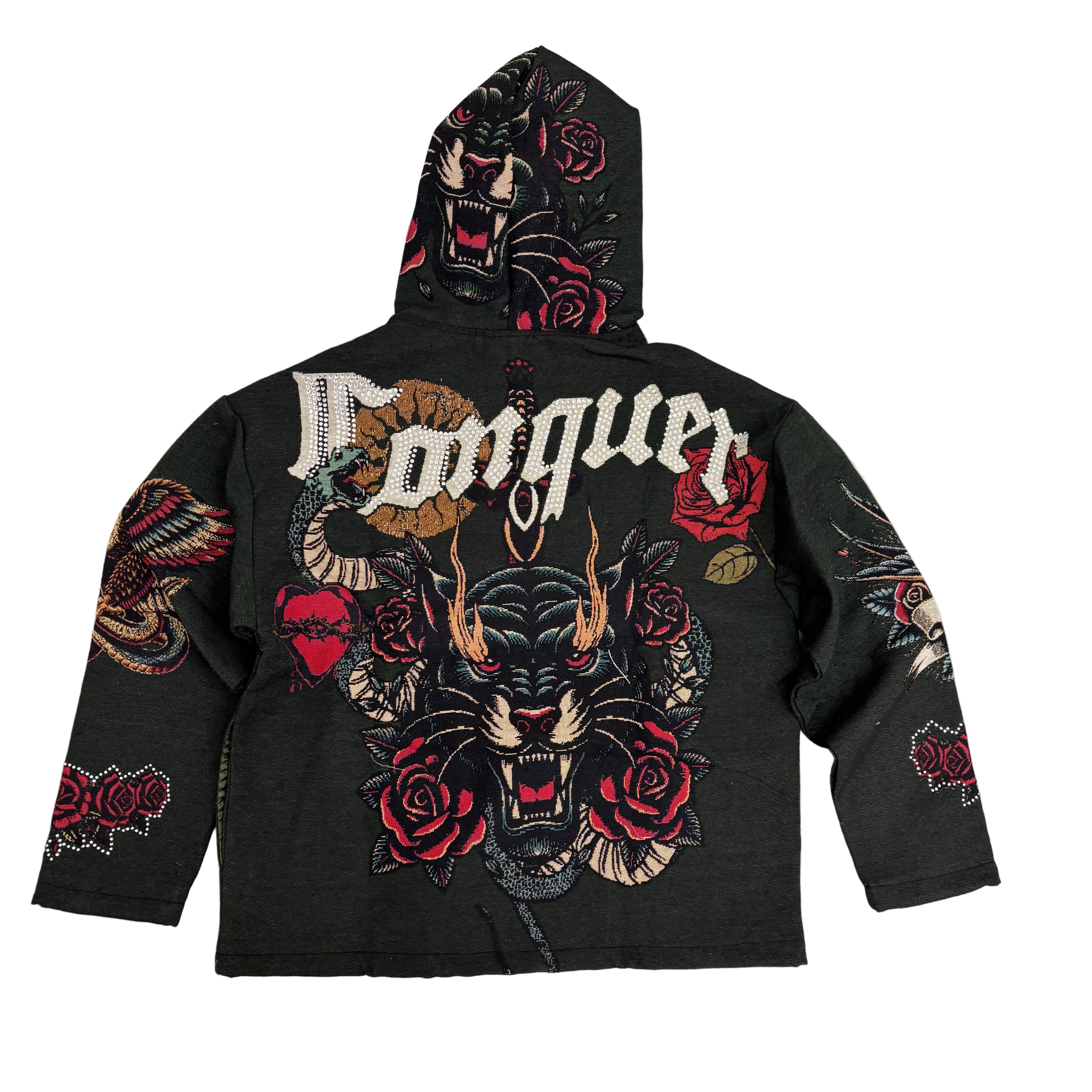 REBEL - CONQUER Jacquard Rhinestone Hoodie - Olive - 354