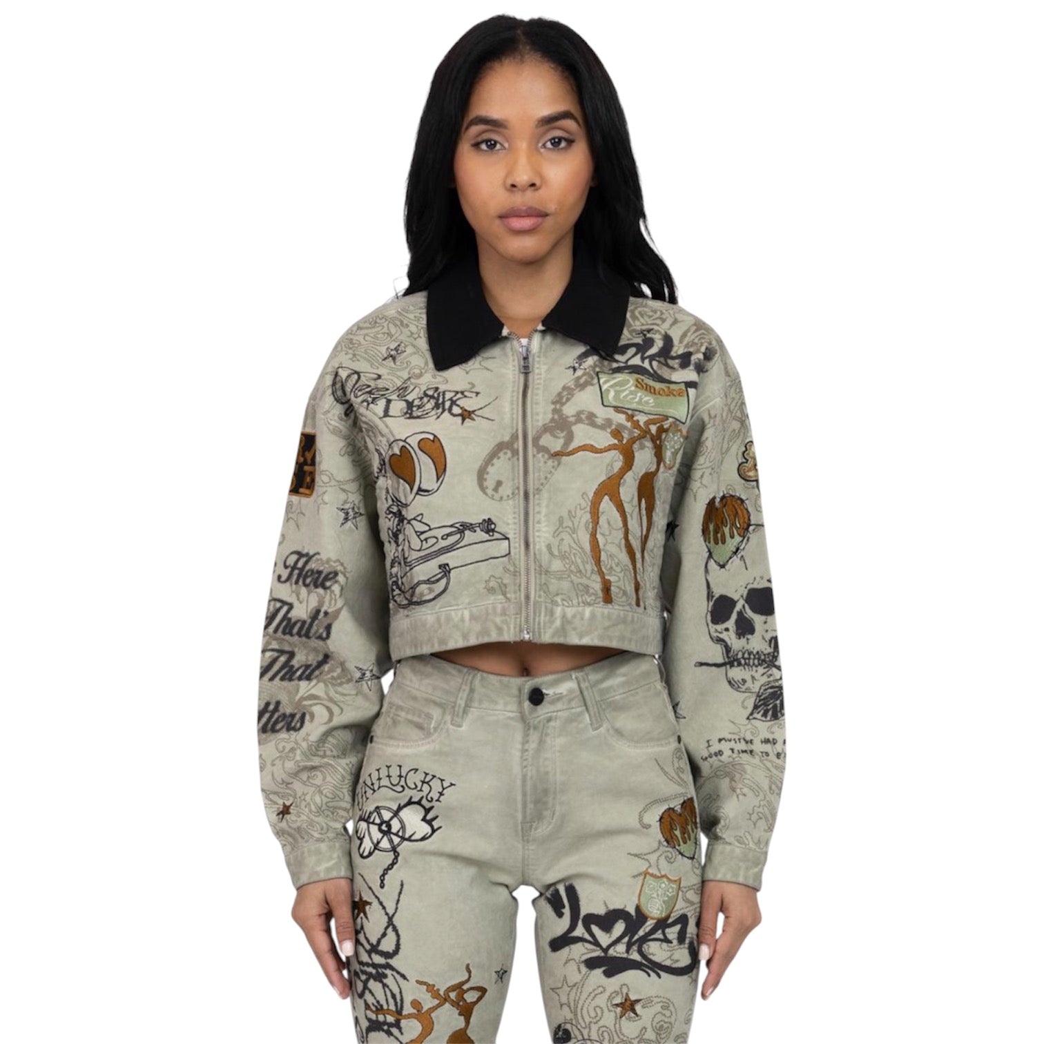 The Red - Embroidered Denim Set - Tea Green F326