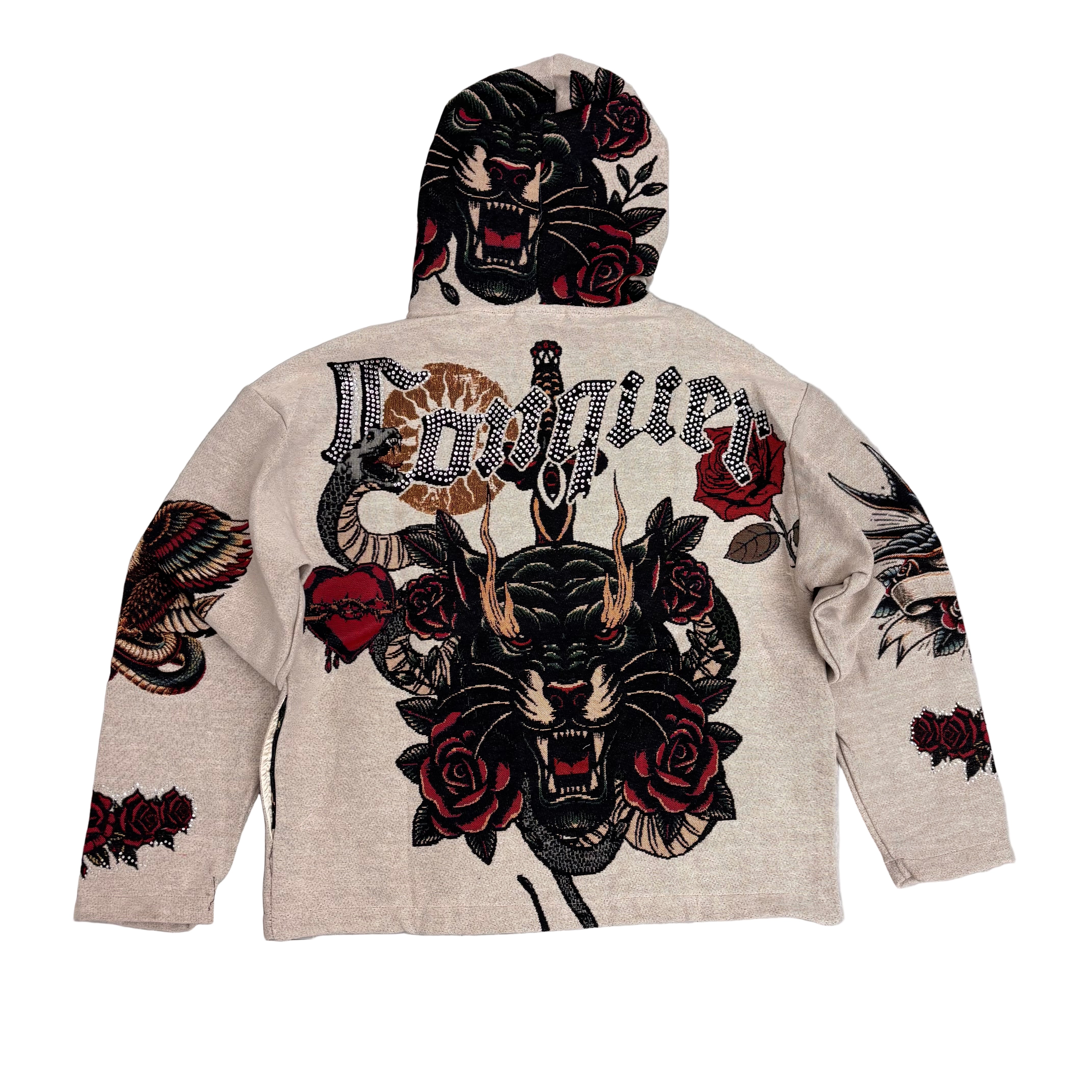 REBEL - CONQUER Jacquard Rhinestone Hoodie - Cream - 354
