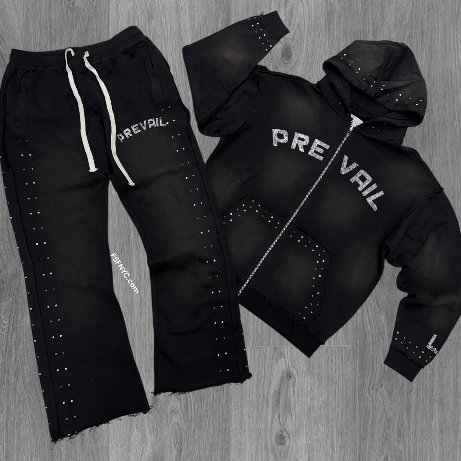 Prevail - Flare Rhinestone Sweat suit - Black