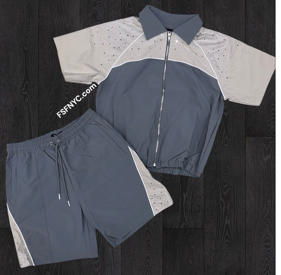 Rhinestones Windbreaker - Set - Grey - 261T