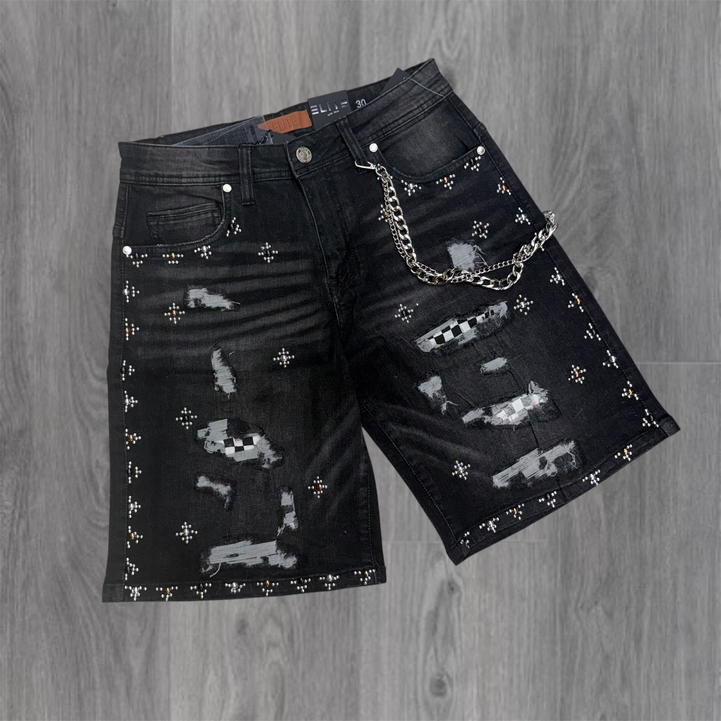 Elite - Faded Embellish Denim Shorts - Black Wash 19483