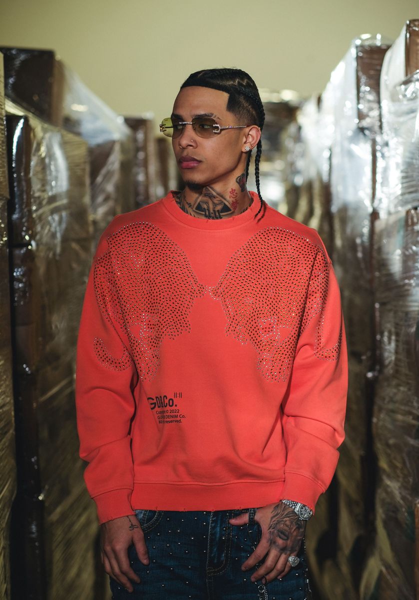 Gunzinii - Rhinestone Crew Sweatshirt - Orange - GZ523 z