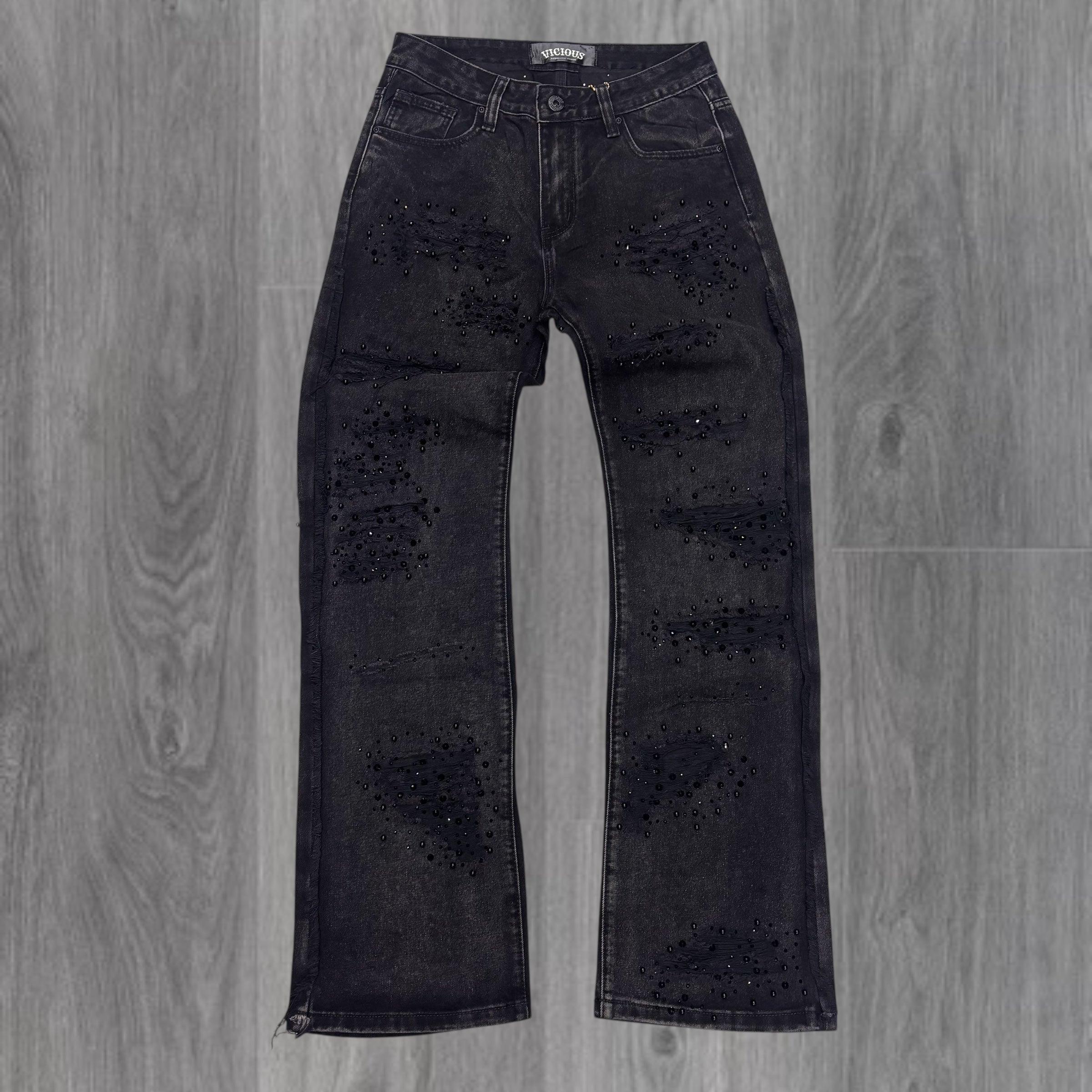 Vicious- Premium Relaxed Flare Denim W/ Rhinestone/Pearls - BLK - VC907
