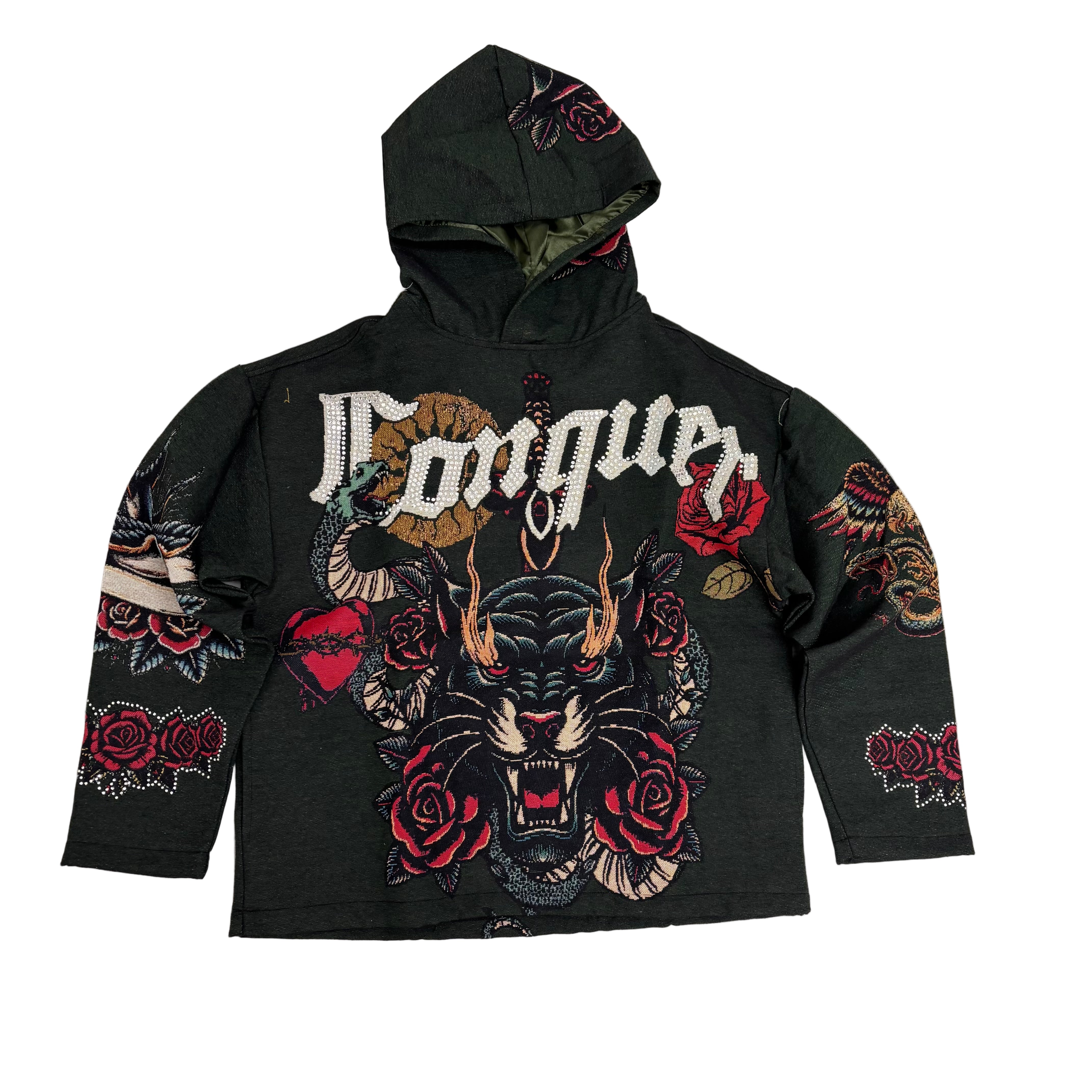 REBEL - CONQUER Jacquard Rhinestone Hoodie - Olive - 354