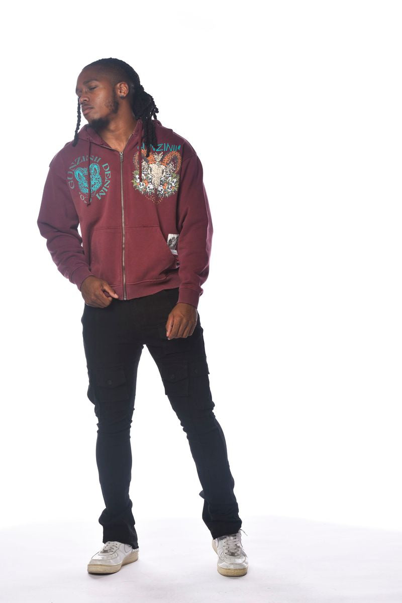 Gunzinii - Zinii Goat Skull Zip Hoodie - Burgundy - GZ513