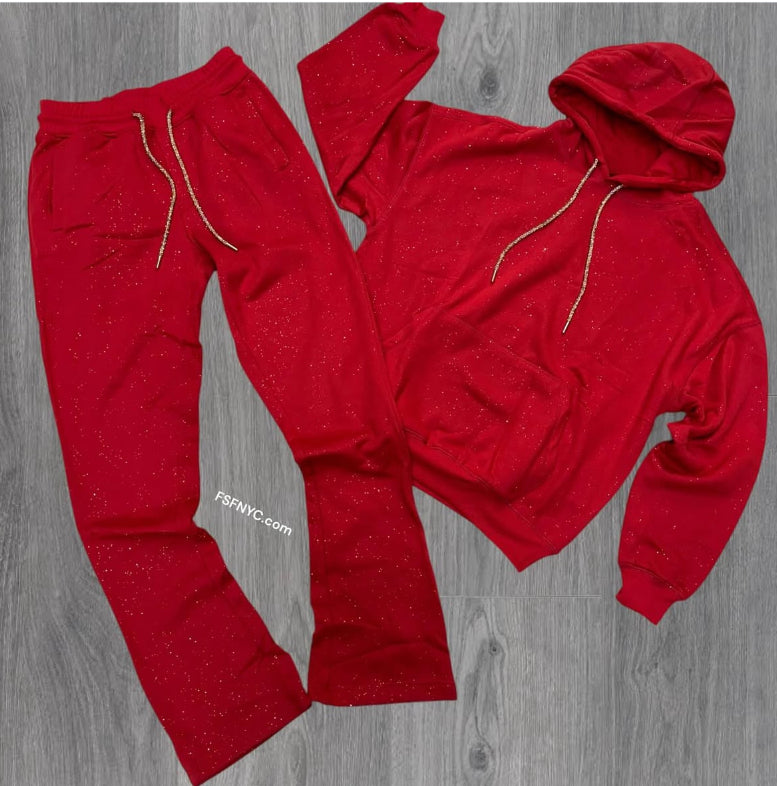 RS - Stacked w. Crystals String Sweat Suit - Red - 325 425