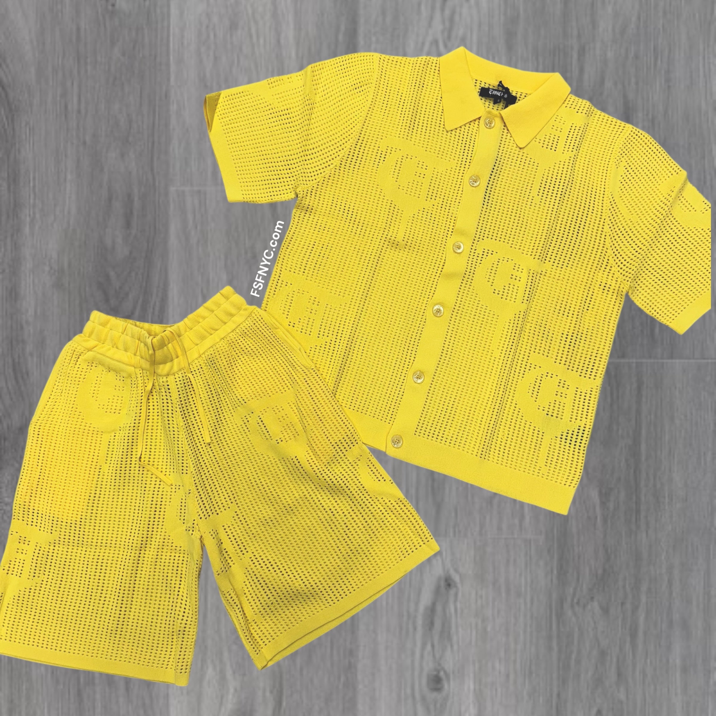 TRNCHS knitted Button down Short Set Yellow