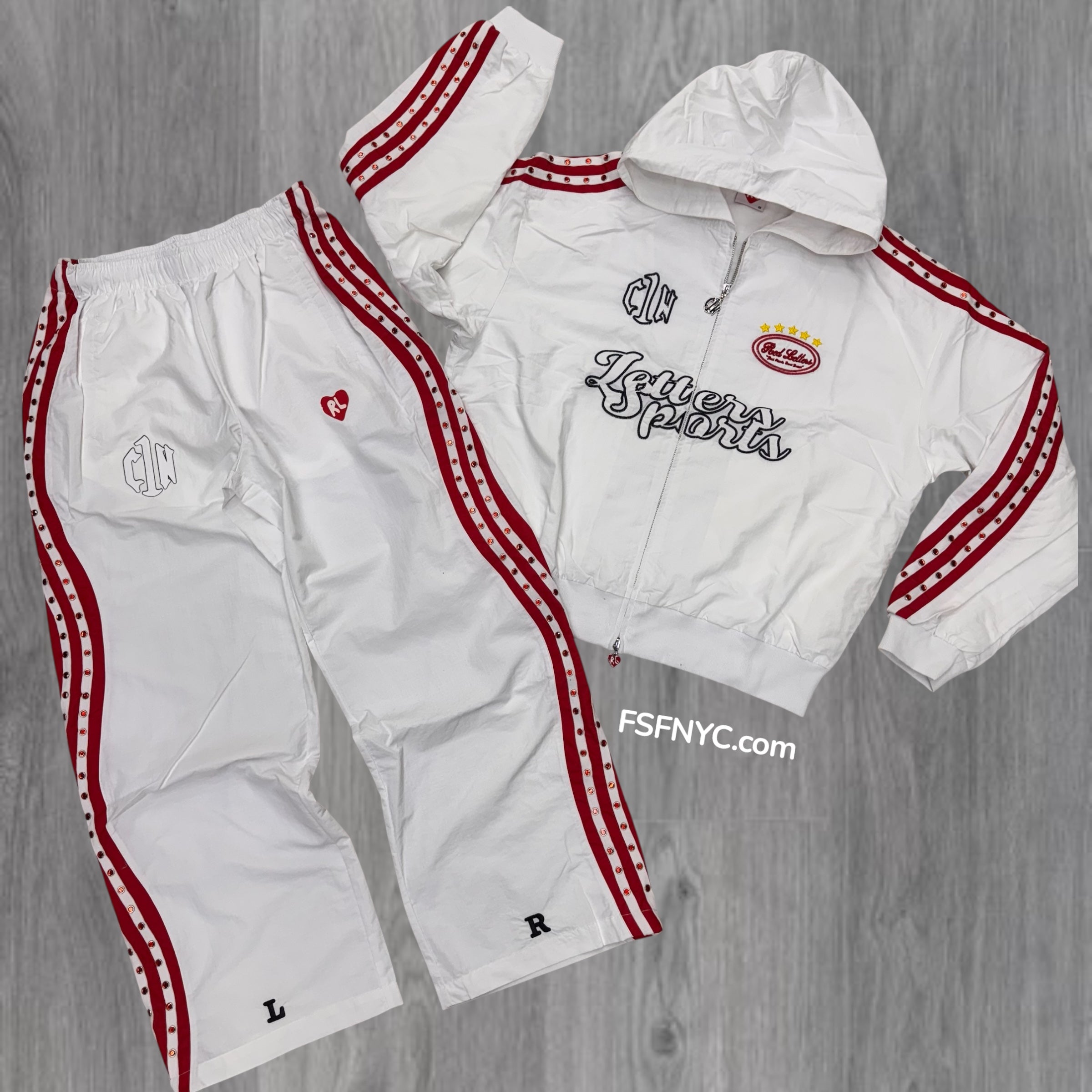 RL Rhinestone Nylon Zip Up Set White