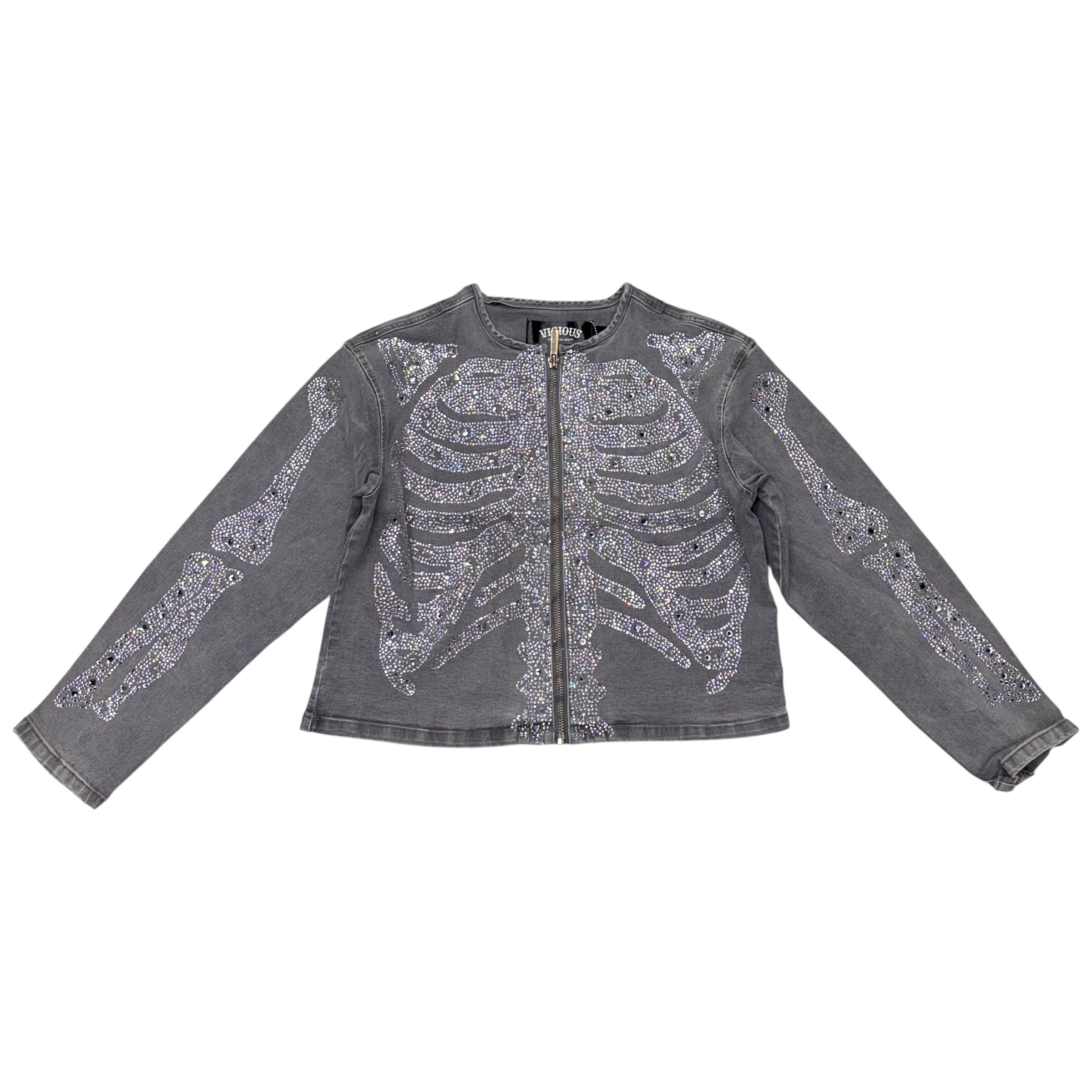 Vicious - GREY SKELETON RHINESTONE FLARE JACKET w/ ZIPPER DETAILS - VC806
