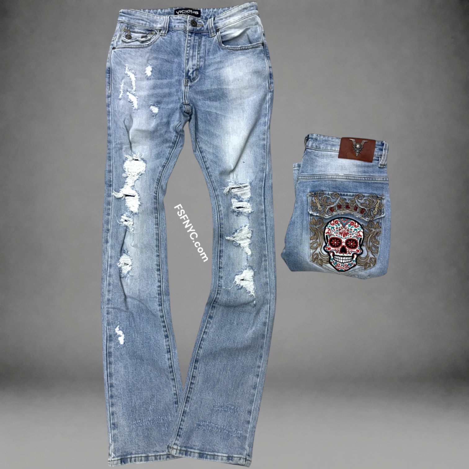 Vicious - Flare Distress Denim w/stitching on back pocket - light Blue- VC1223