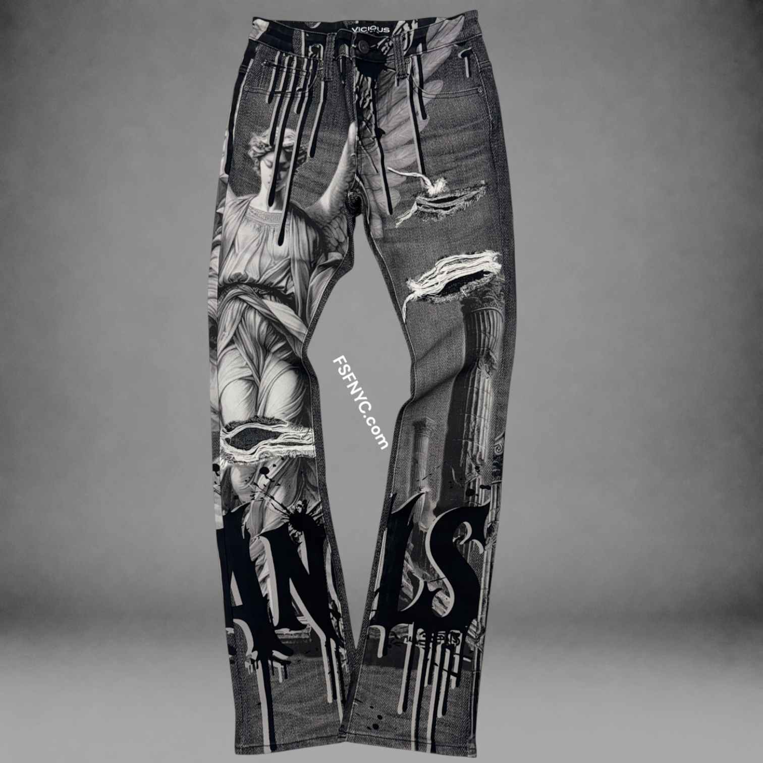 Vicious - Flare Denim Artwork allover - Black- VC1134