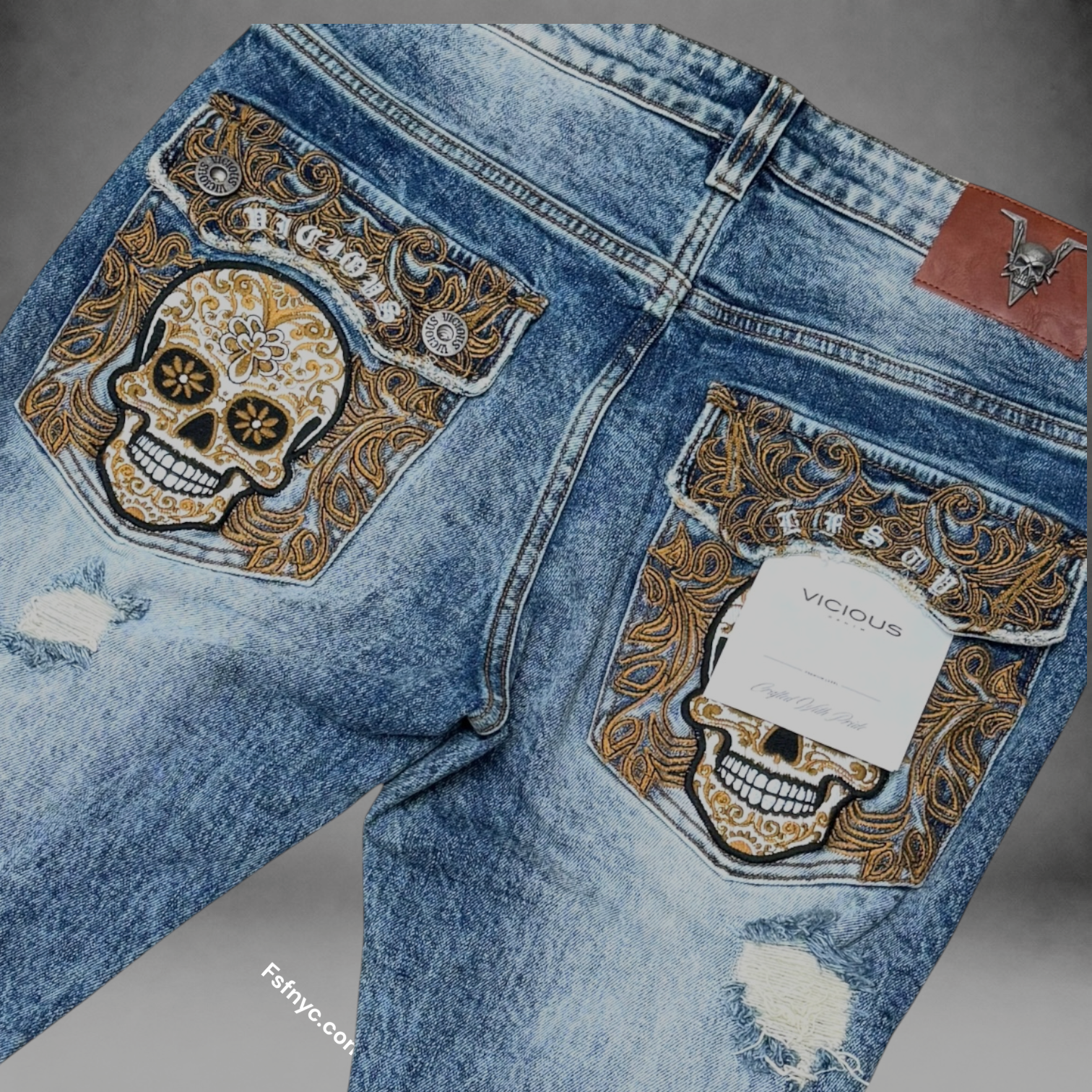 Vicious -Flare Distress denim w/stitching on back pocket - Indigo - VC1223