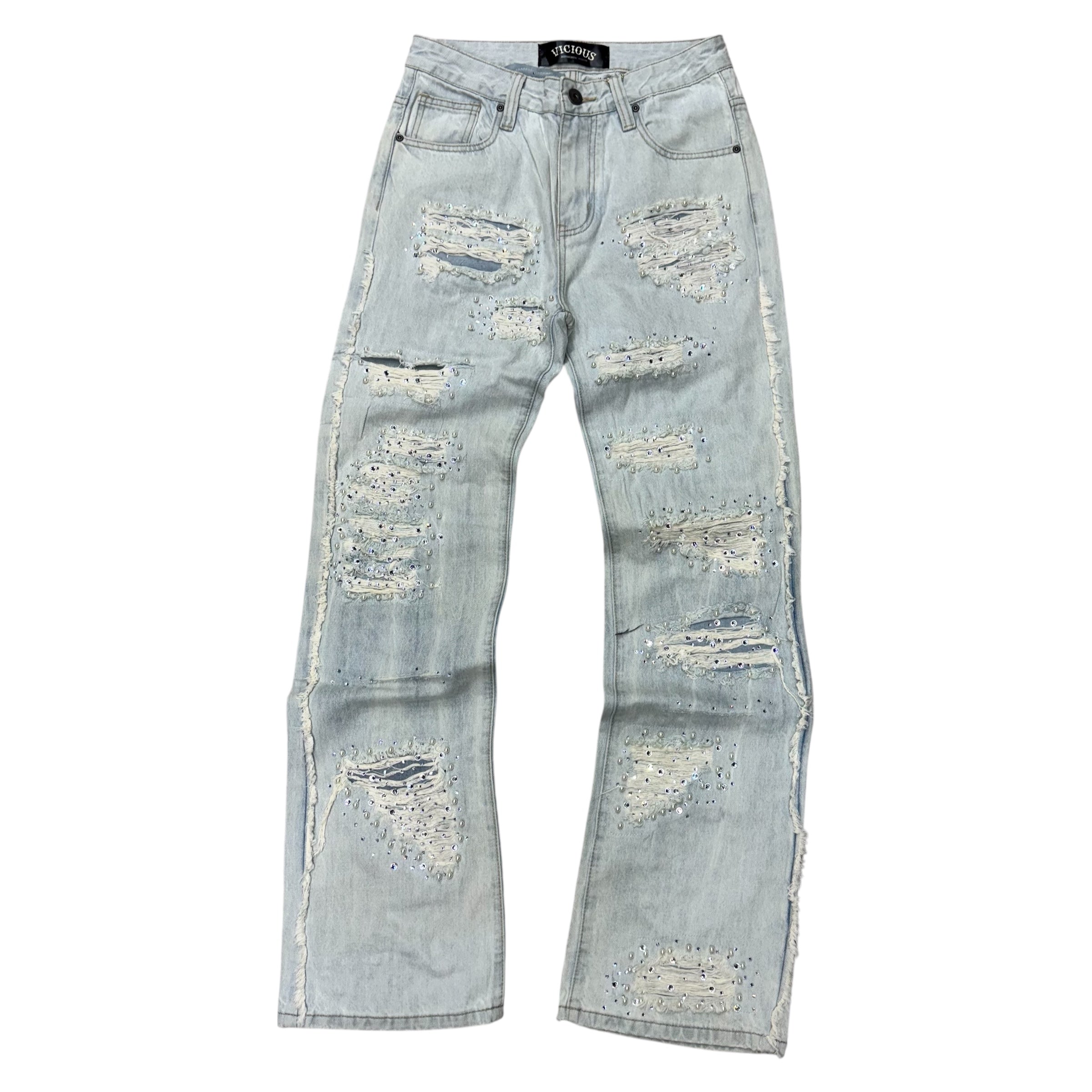 Vicious- Premium Relaxed Flare Denim W/ Rhinestone/Pearls - L.Blue - VC907