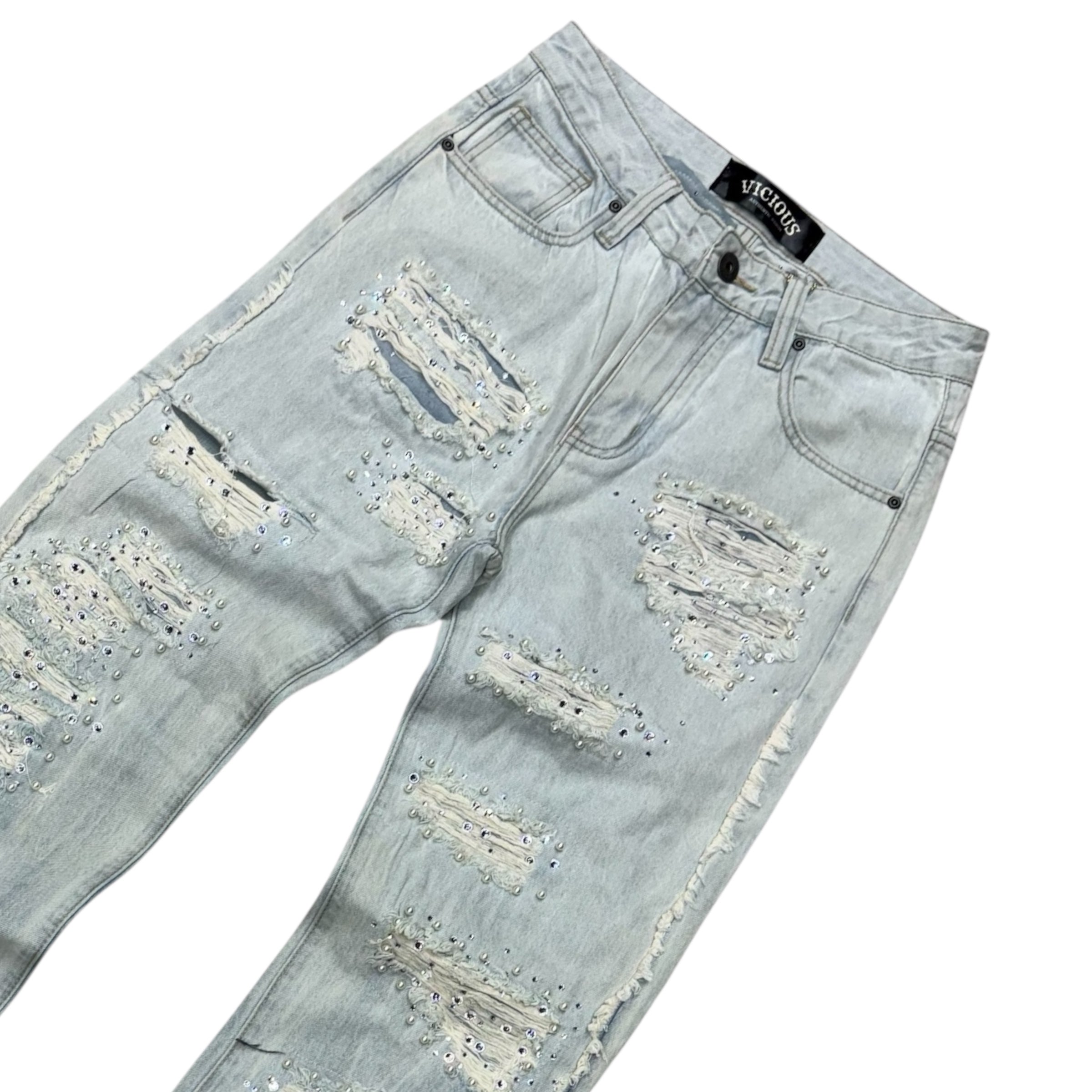 Vicious- Premium Relaxed Flare Denim W/ Rhinestone/Pearls - L.Blue - VC907