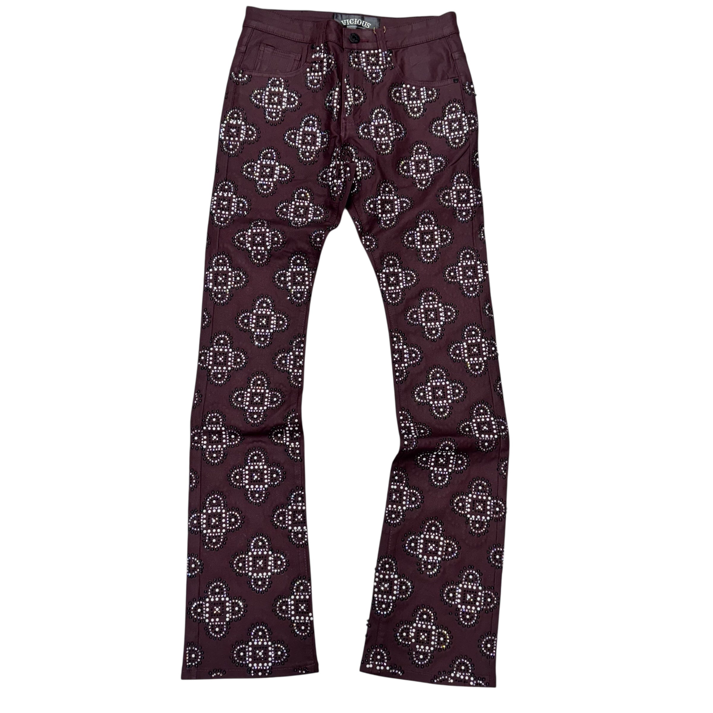 Vicious- Flare Embellished Waxed Denim - Burgundy - VC911