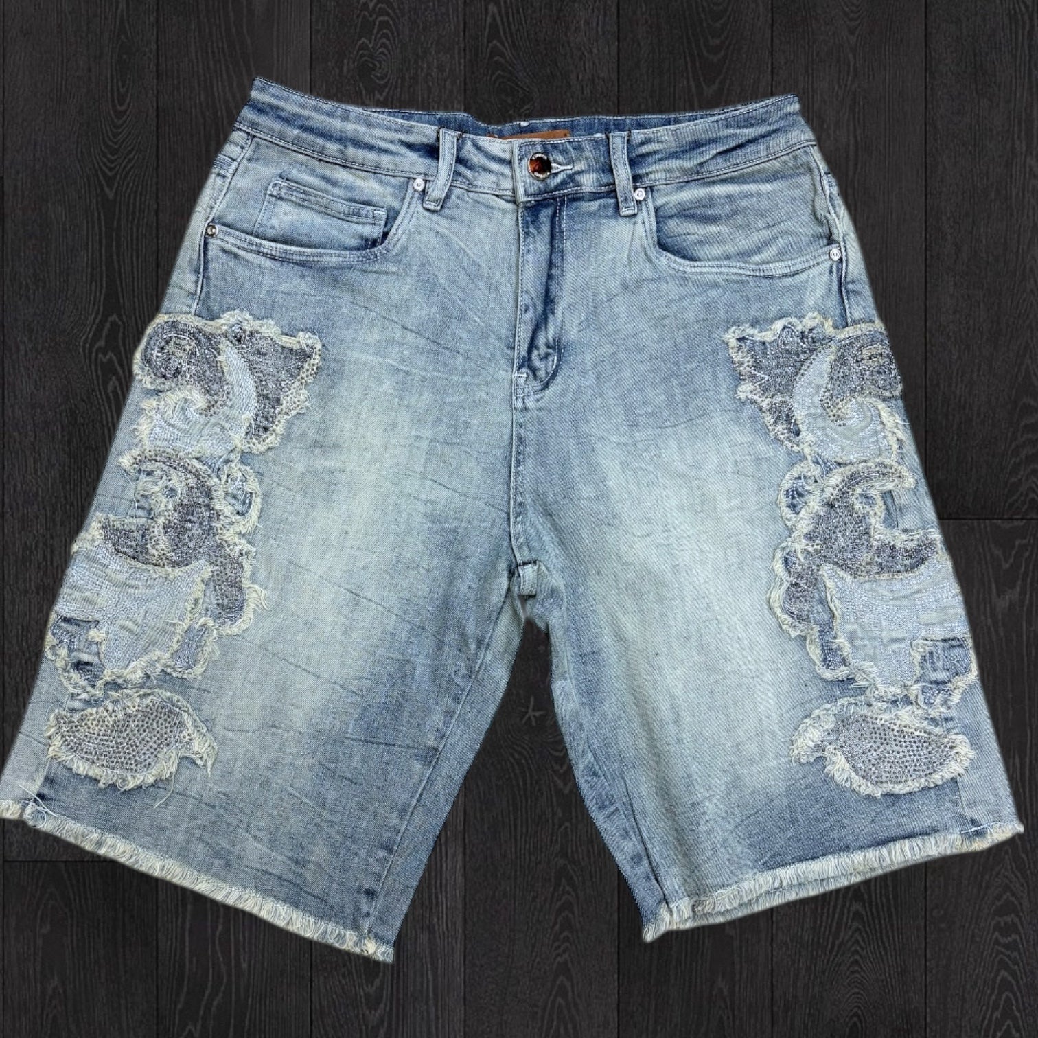 W -Rhinestone Denim Shorts - Blue Wash - M7590D