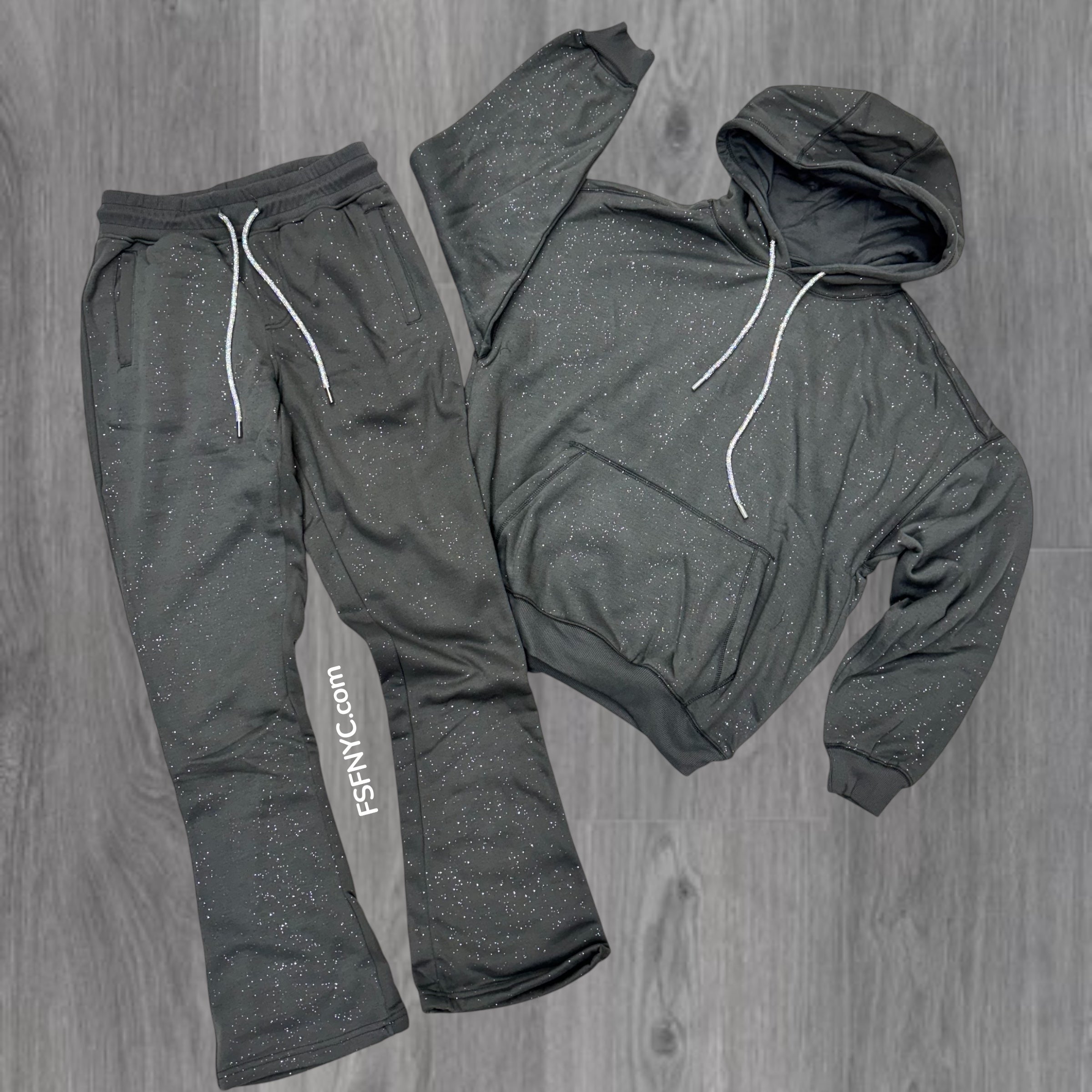 RS - Stacked w. Crystals String Sweat Suit - charcoal - 325 425