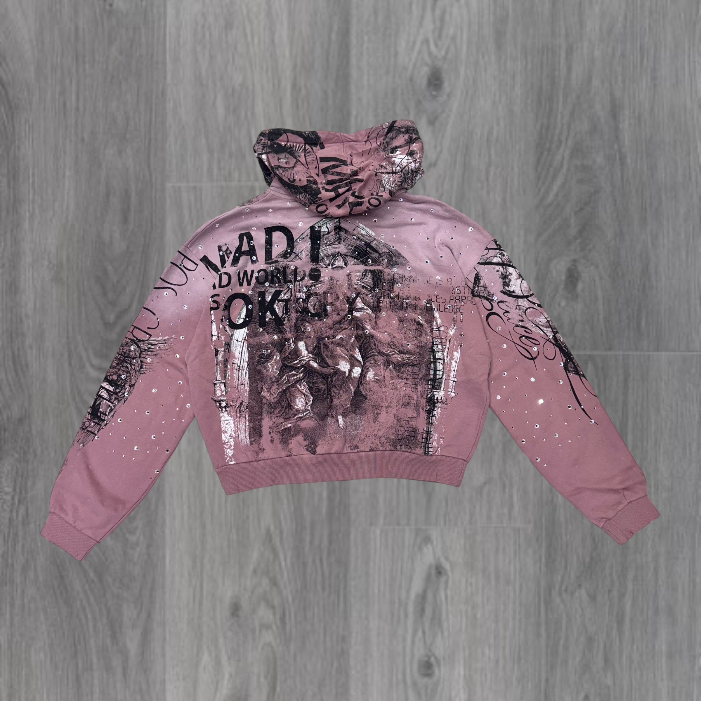 RP-Mad At The World Rhinestone Crop Zip-Up Hoodie-Pink 5043