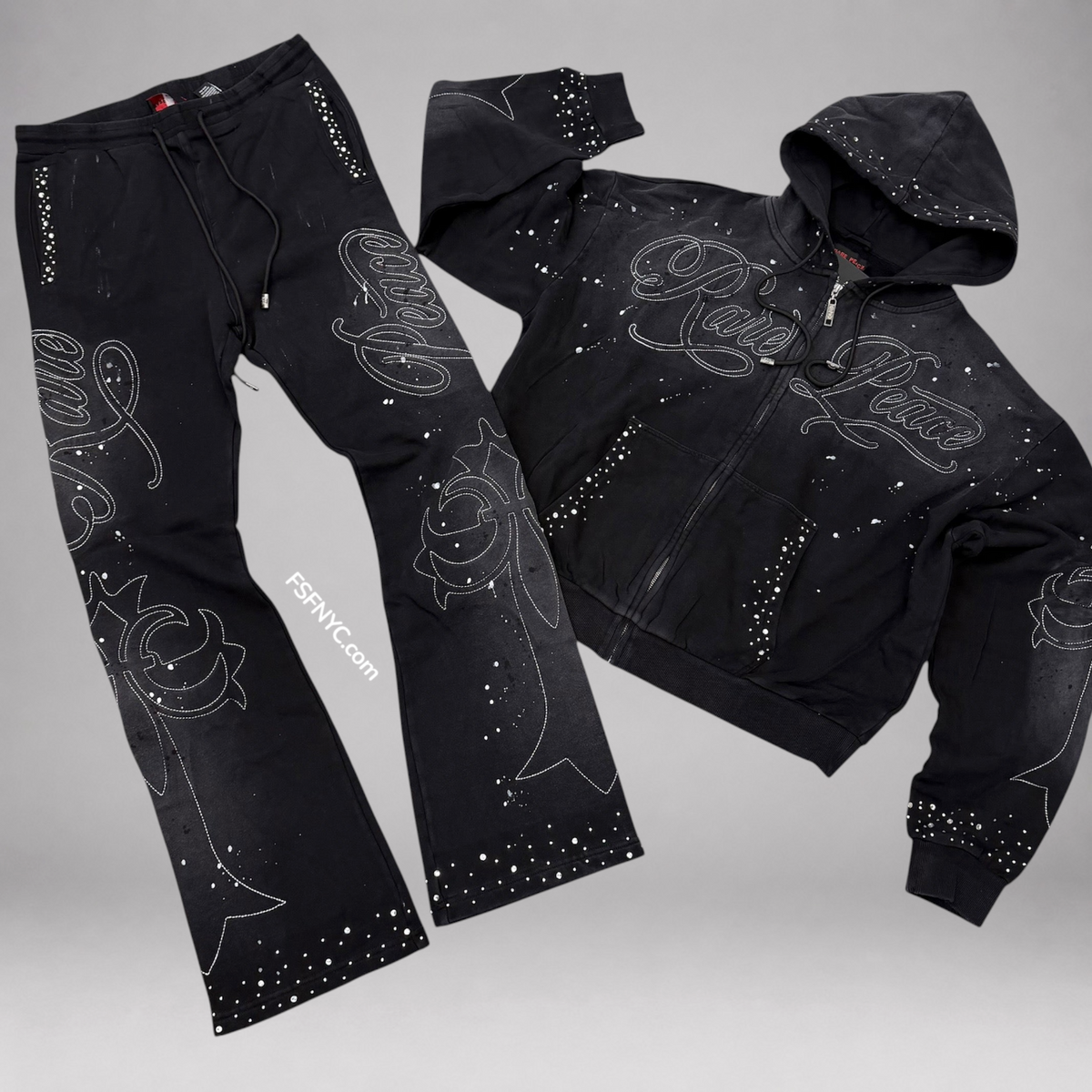 RP -Flare Embossed Rhinestone Sweat Suit - Black 6107