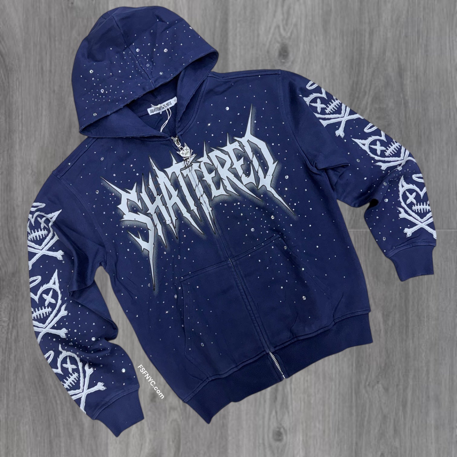 Shattered- Rhinestone Zip Hoodie - Navy