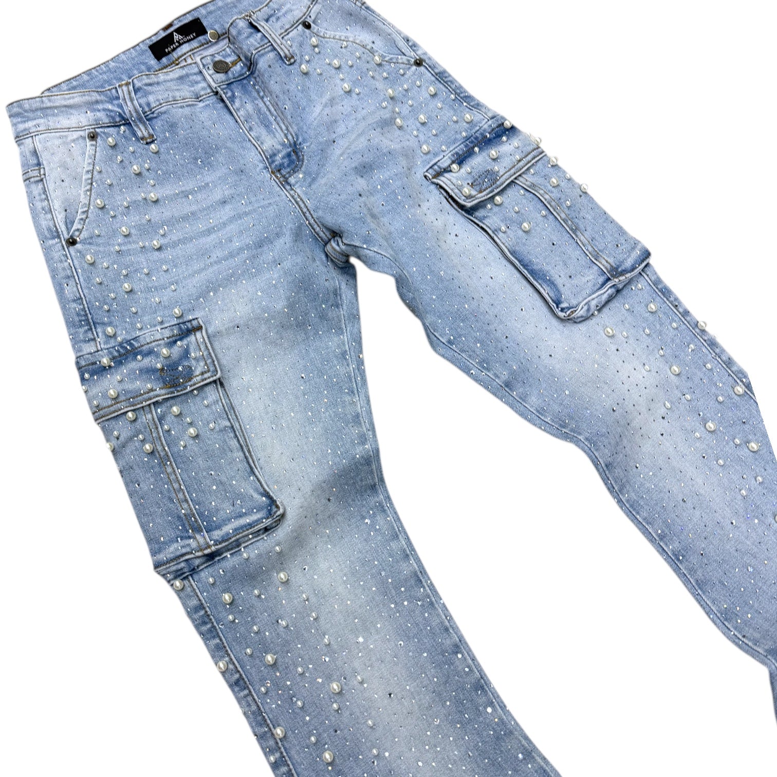 Paper - Stacked Cargo Rhinestones /pearls Denim - Blue - 1077