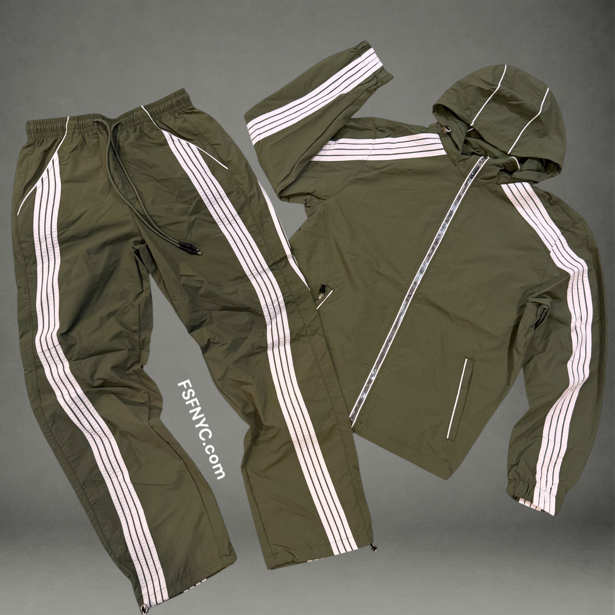 JC - Striped Windbreaker Set - Olive 8812