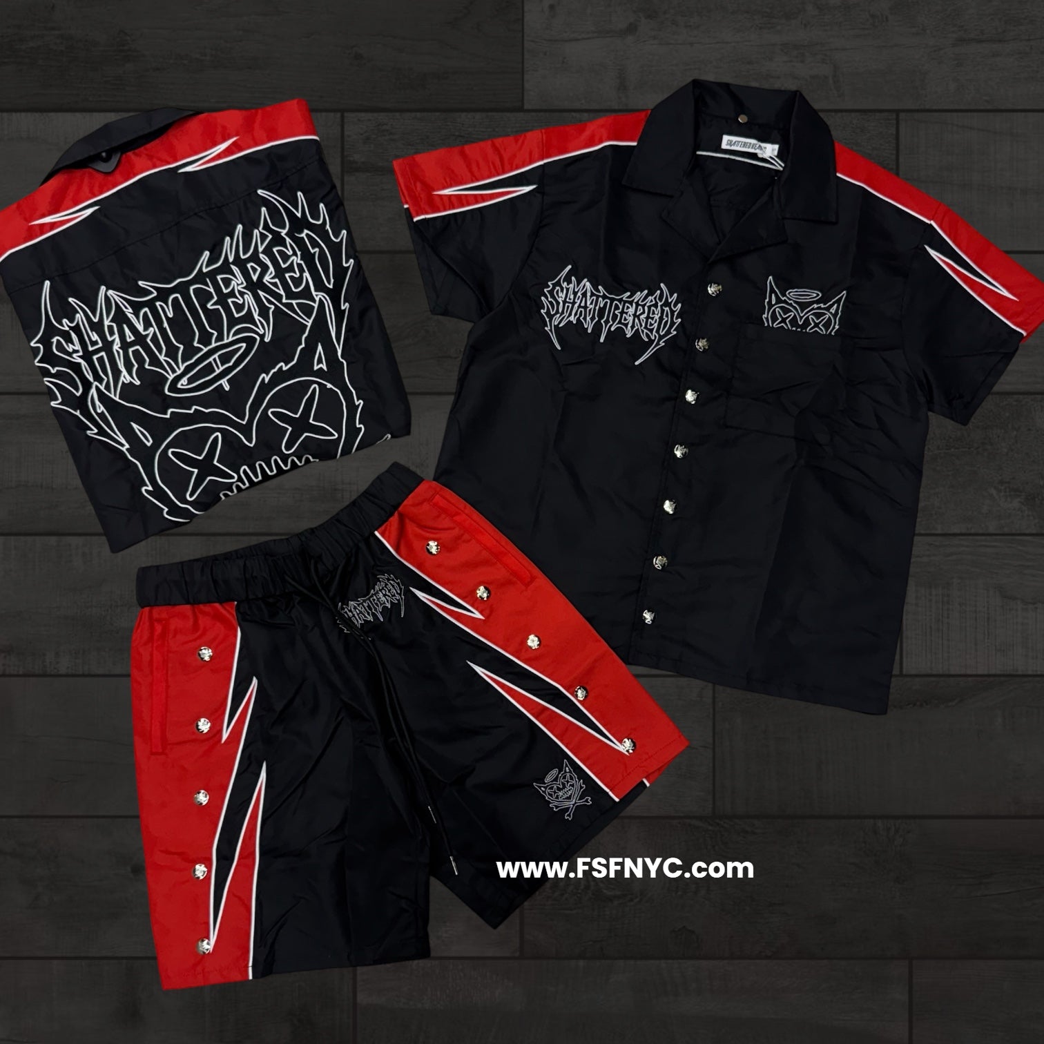 Shattered- Nylon Short Set - Red Black