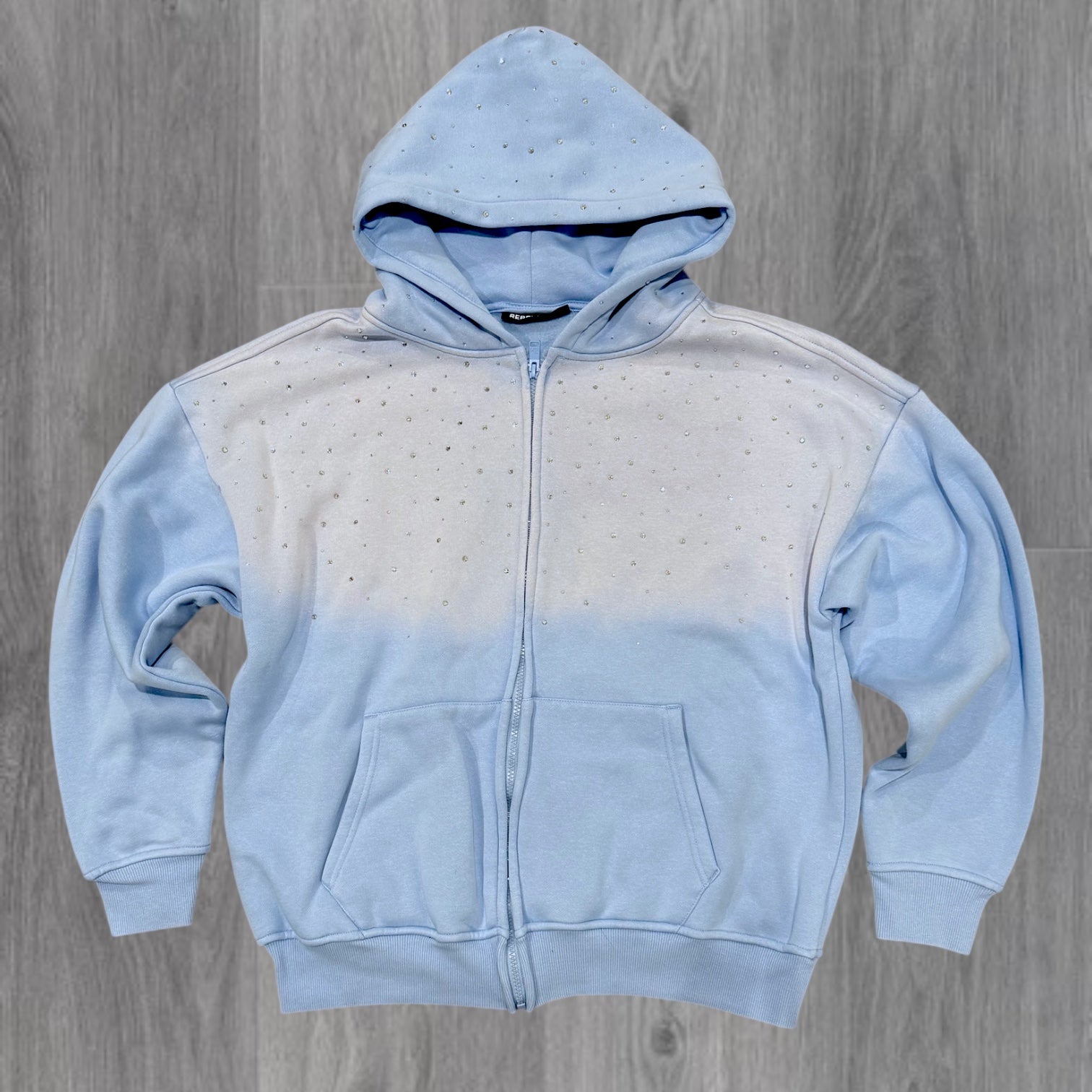 Rebel - Zip Up Faded Hoodie Rhinestone - Lt Blue - 387 486 zi