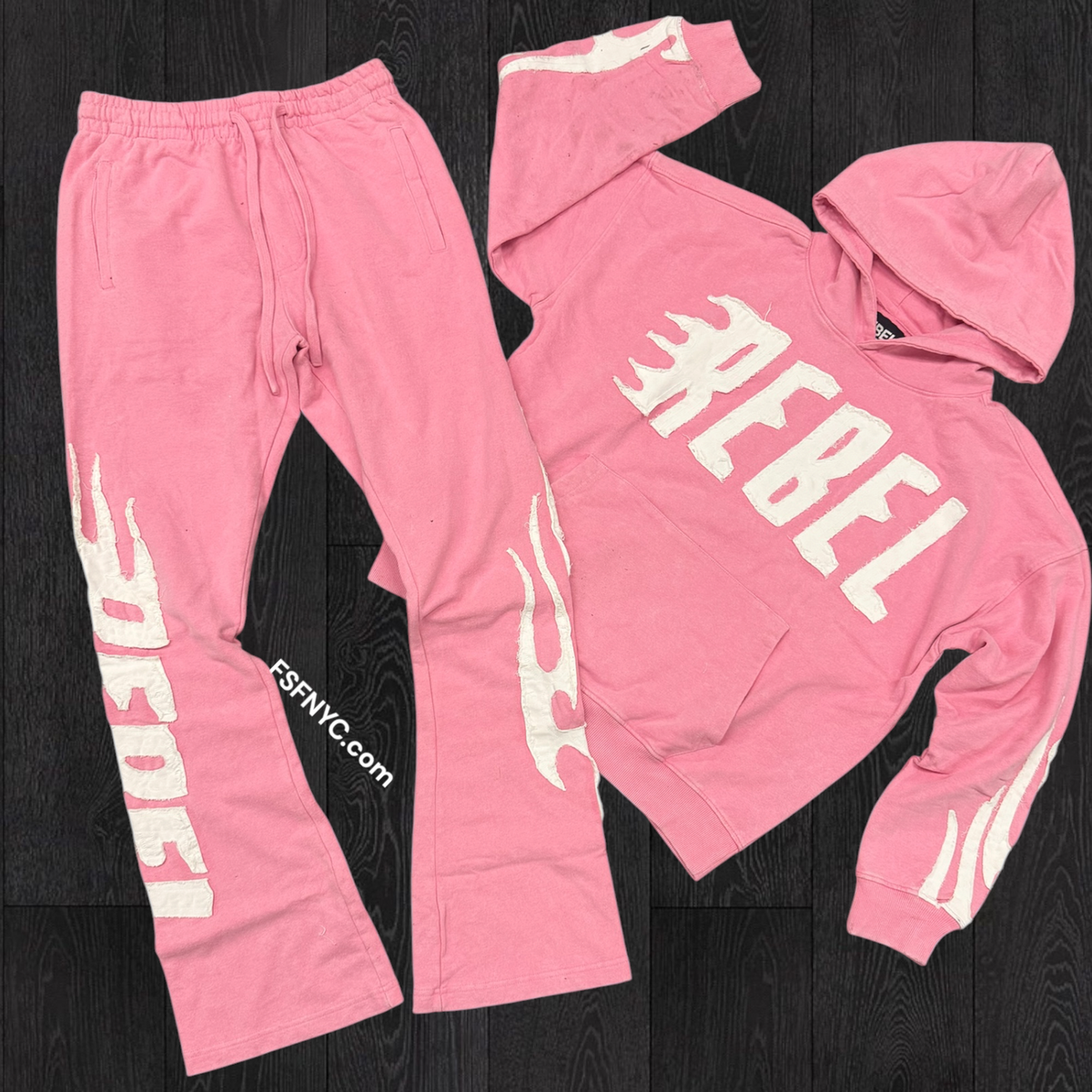 Rebel - SET - Acid Wash Flame sweat suit - Pink - 341441