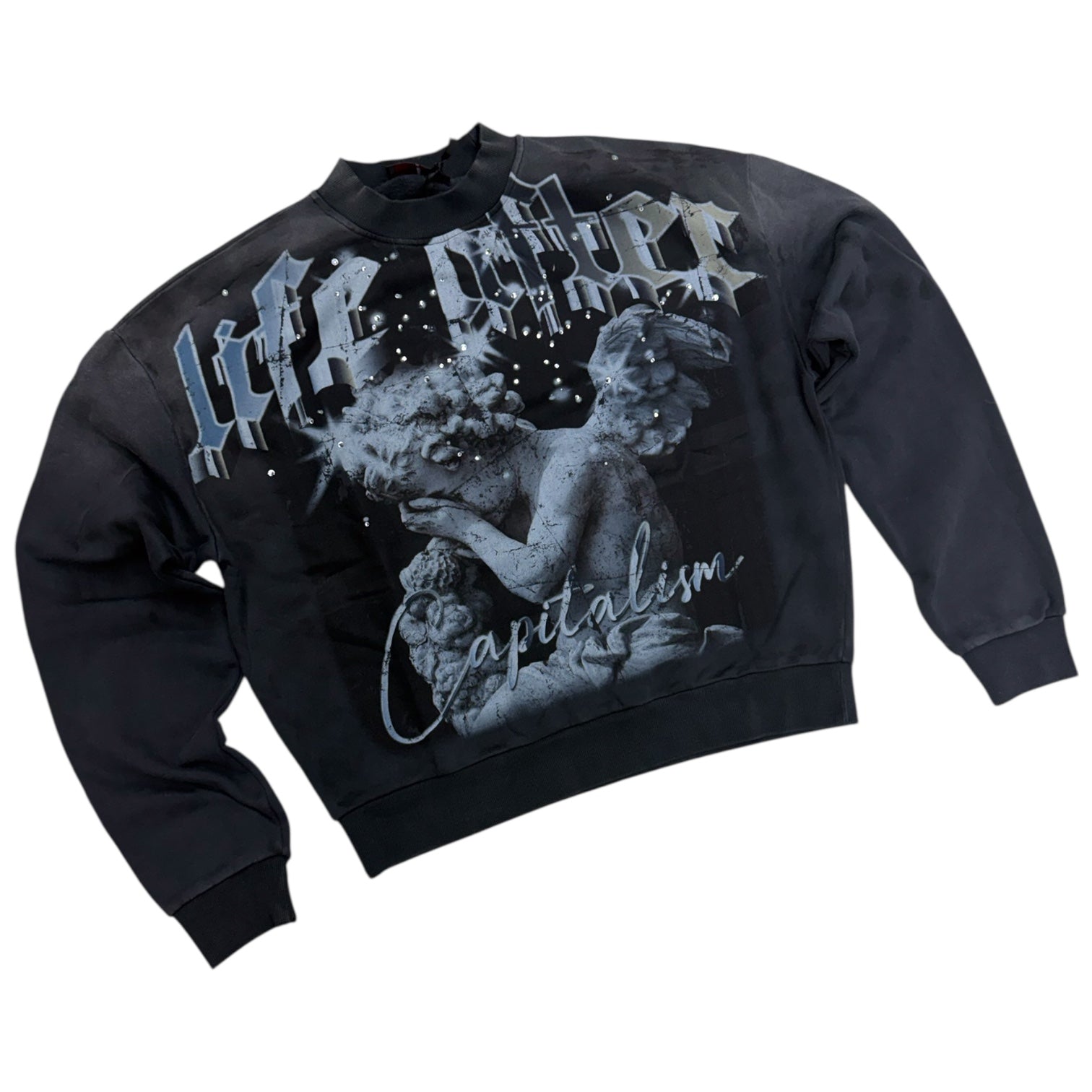 RP - LIFE Rhinestone Crop Crew Neck-Black 5052