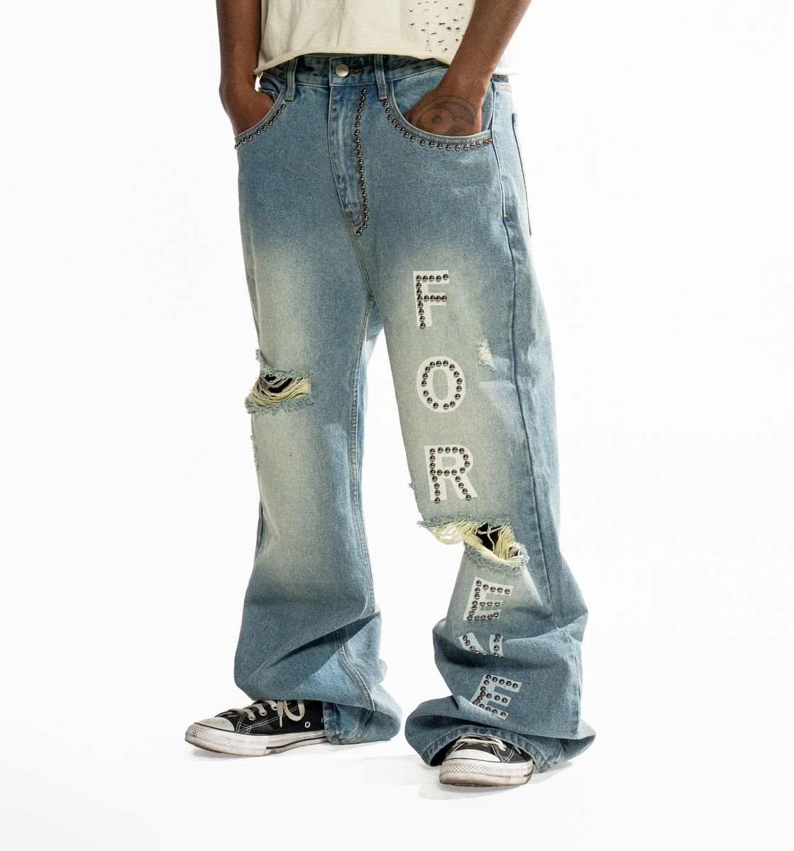 Forever Hungry - Baggy Studded Denim - Blue Wash