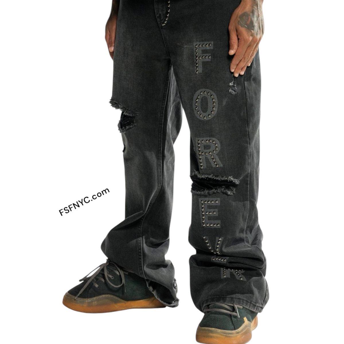 Forever Hungry - Baggy Studded Denim - Black Wash