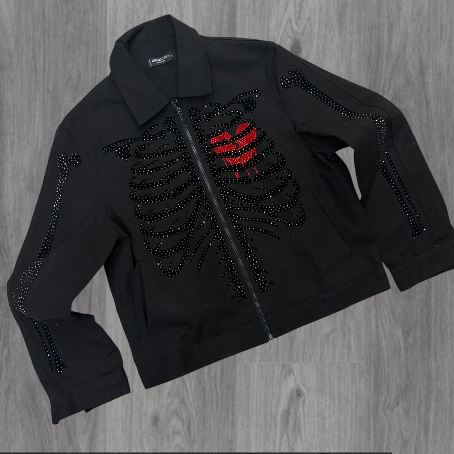 Roku - Rhinestone Skelton Canvas jacket - Black red - 1818