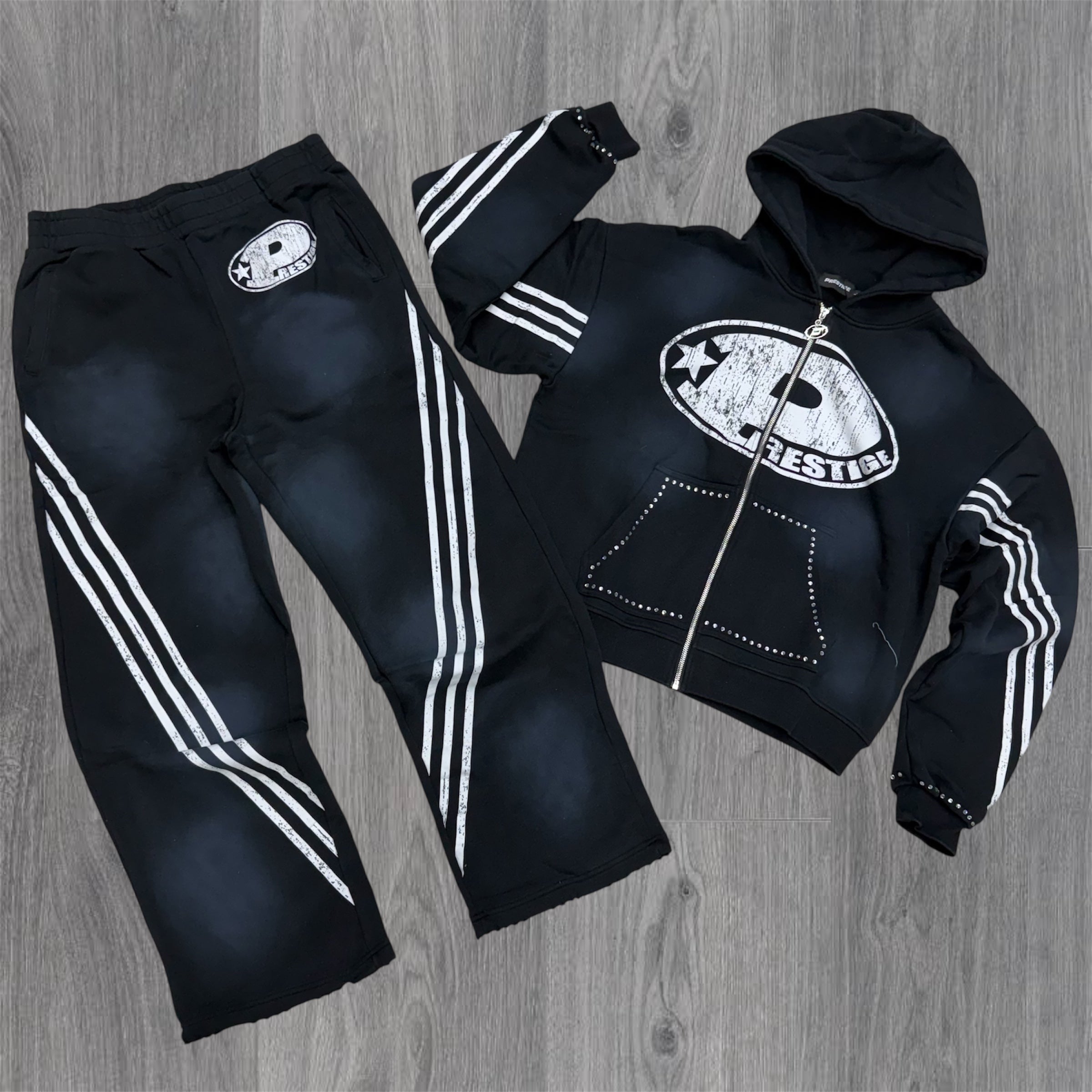 Prestige - Stripe Rhinestone Sweatsuit - Black