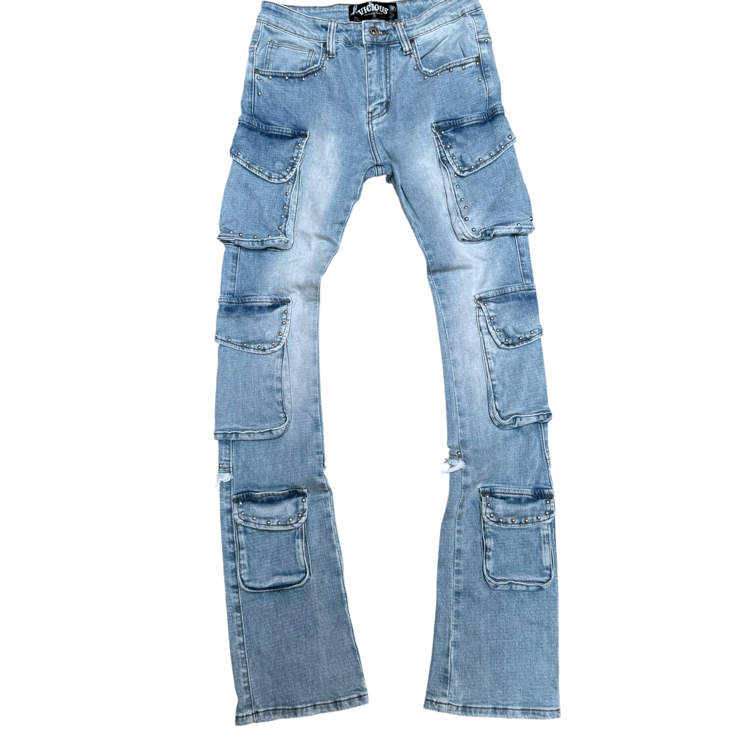 Vicious - STACKED MULTI CARGO STUDDED DENIM L.Blue - VC844