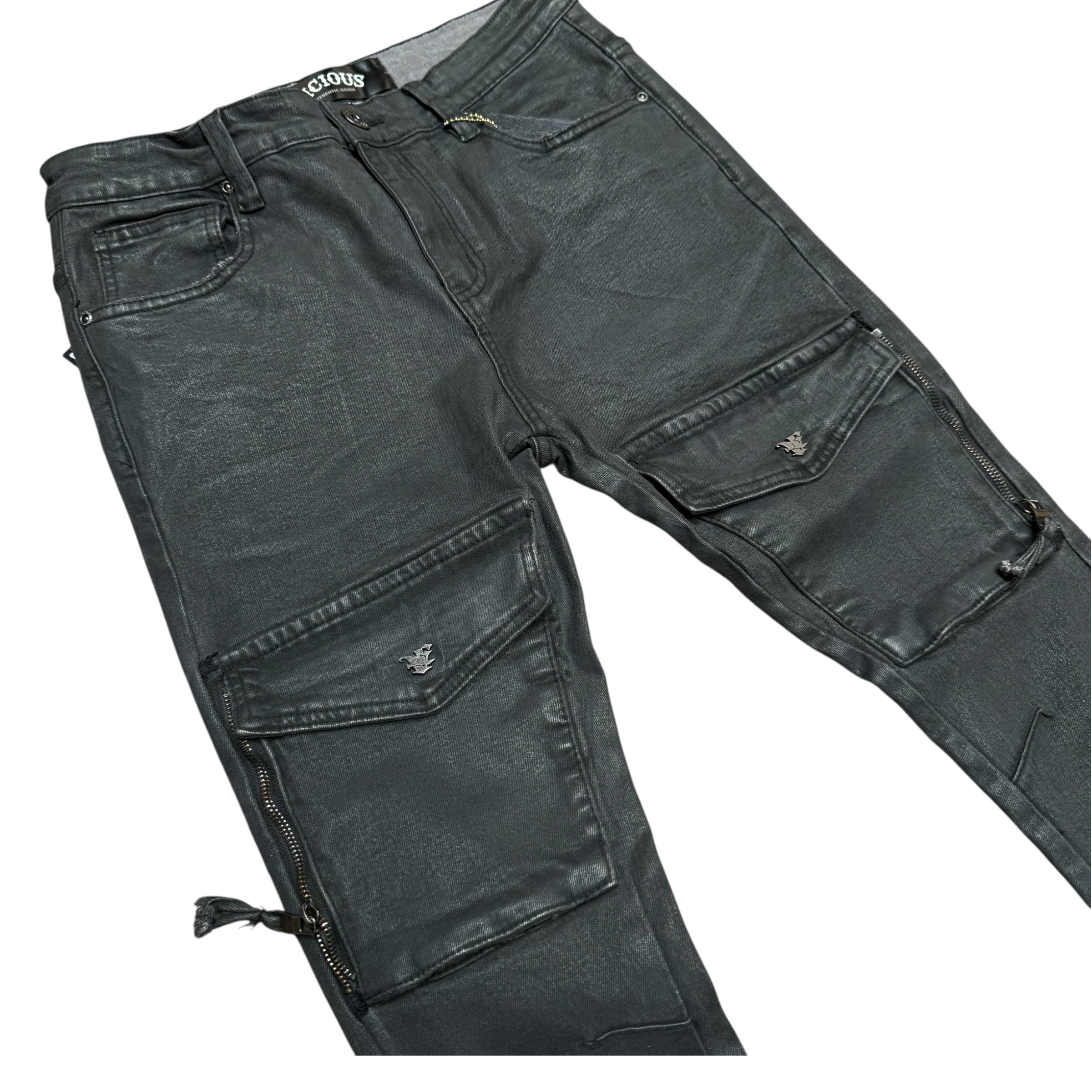 Vicious - STACKED WAX COATED MULTI CARGO DENIM Black- VC624