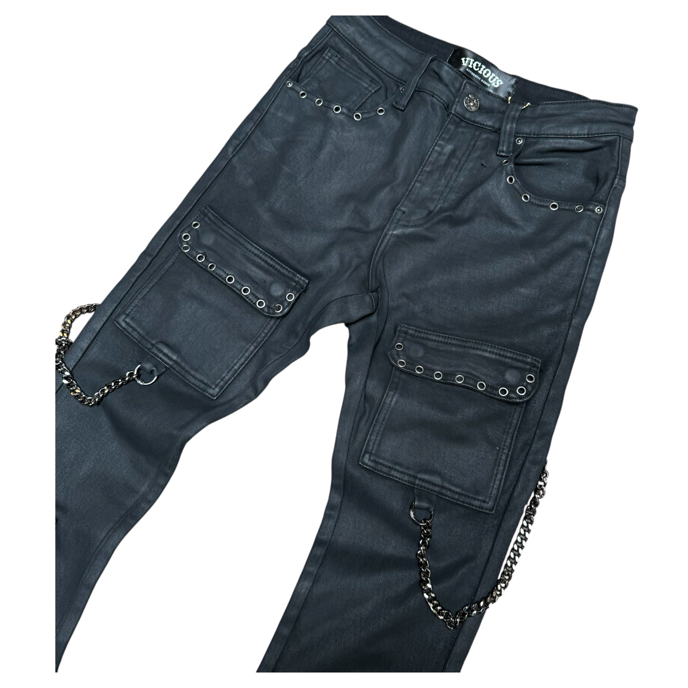 Vicious - STACKED WAXED STONE + CHAINS DENIM BLACK - VC663