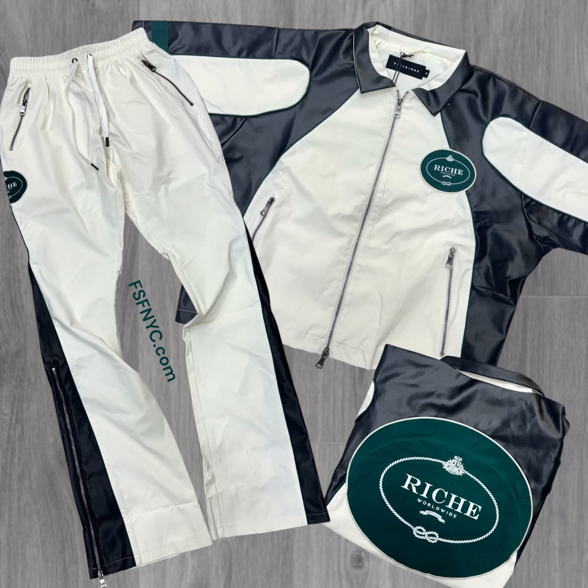 VR Stacked mix material Leather zip Jacket Set White Vr1324-1325